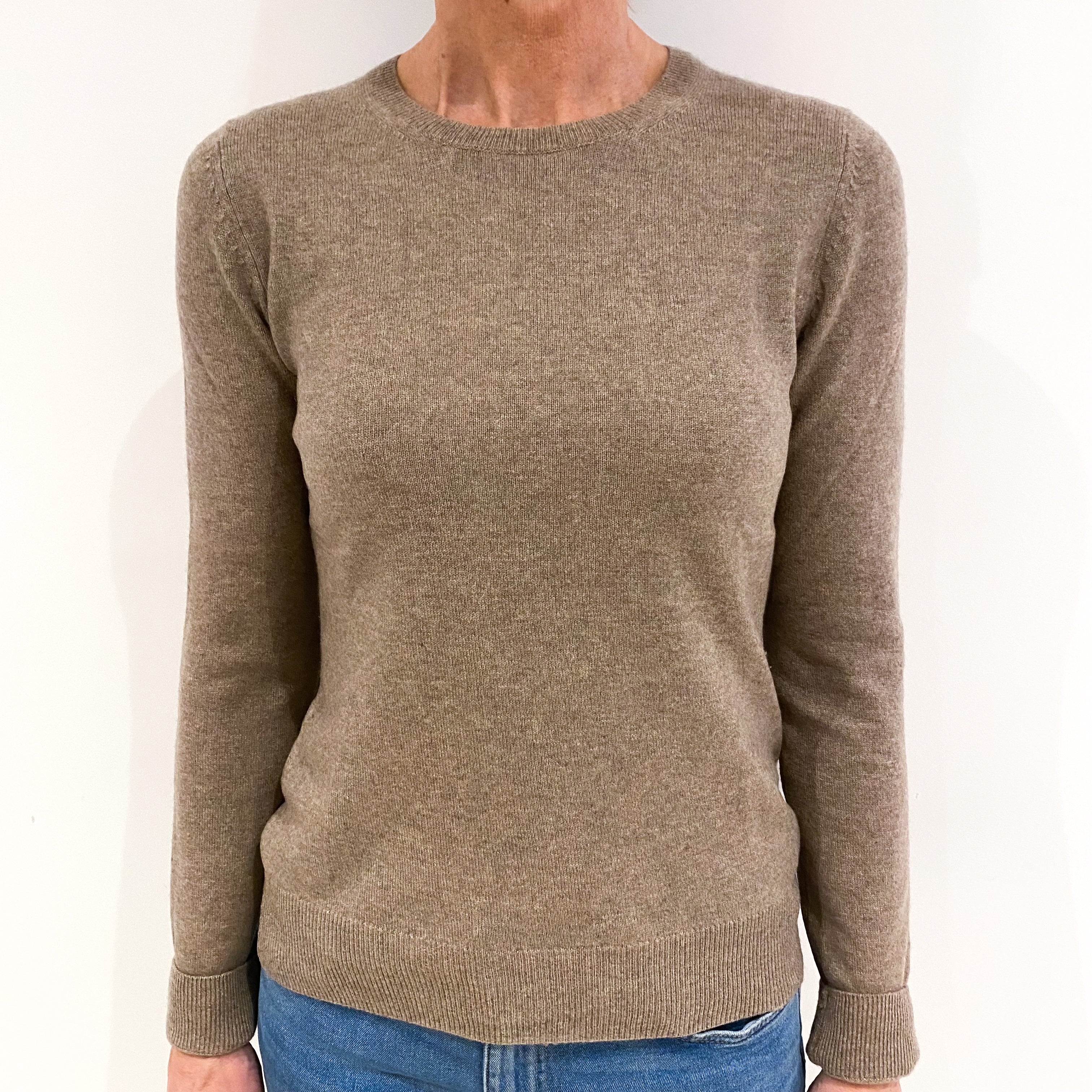 Taupe Brown Cashmere Crew Neck Jumper Small
