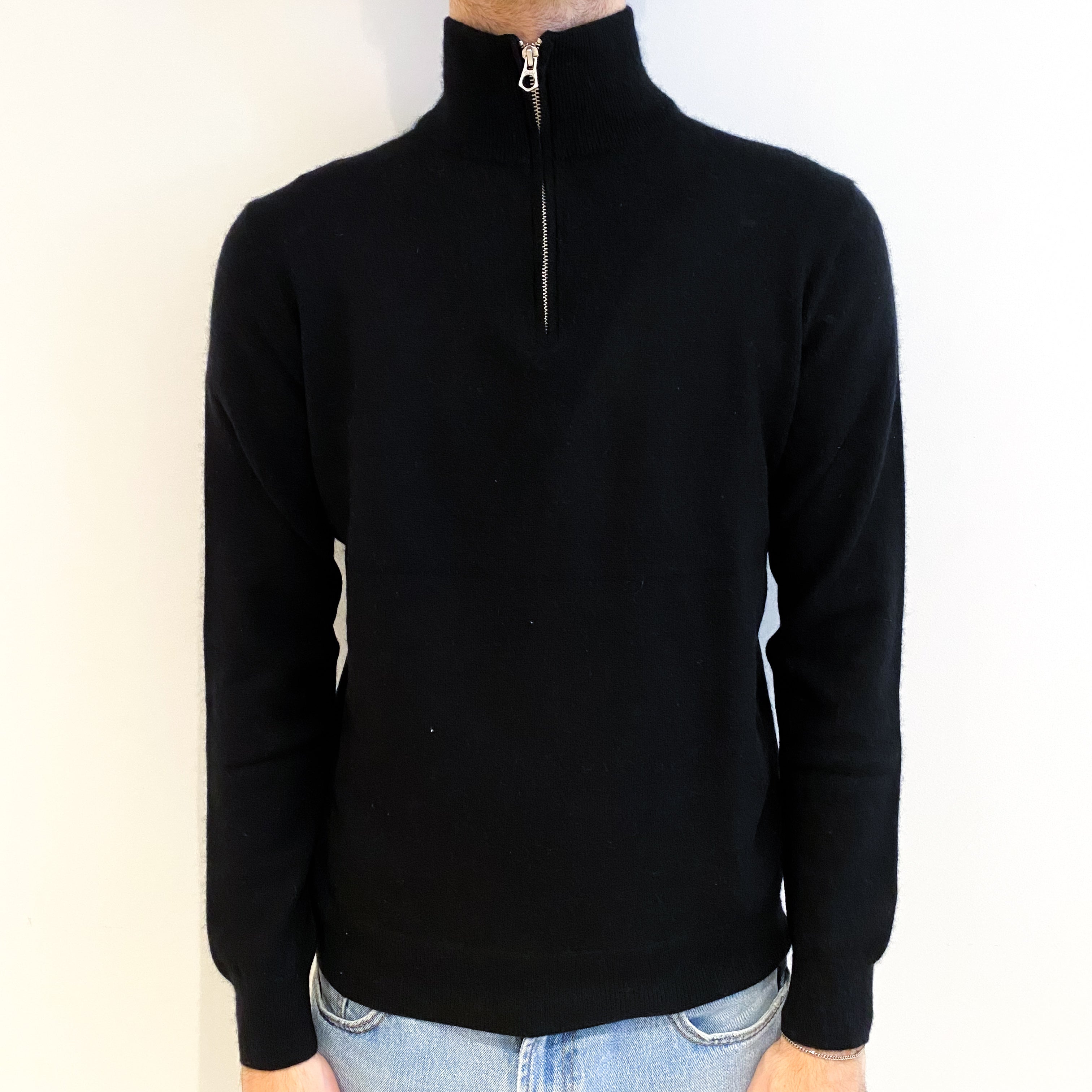 Men's Black Cashmere 1/4 Zip Jumper Medium