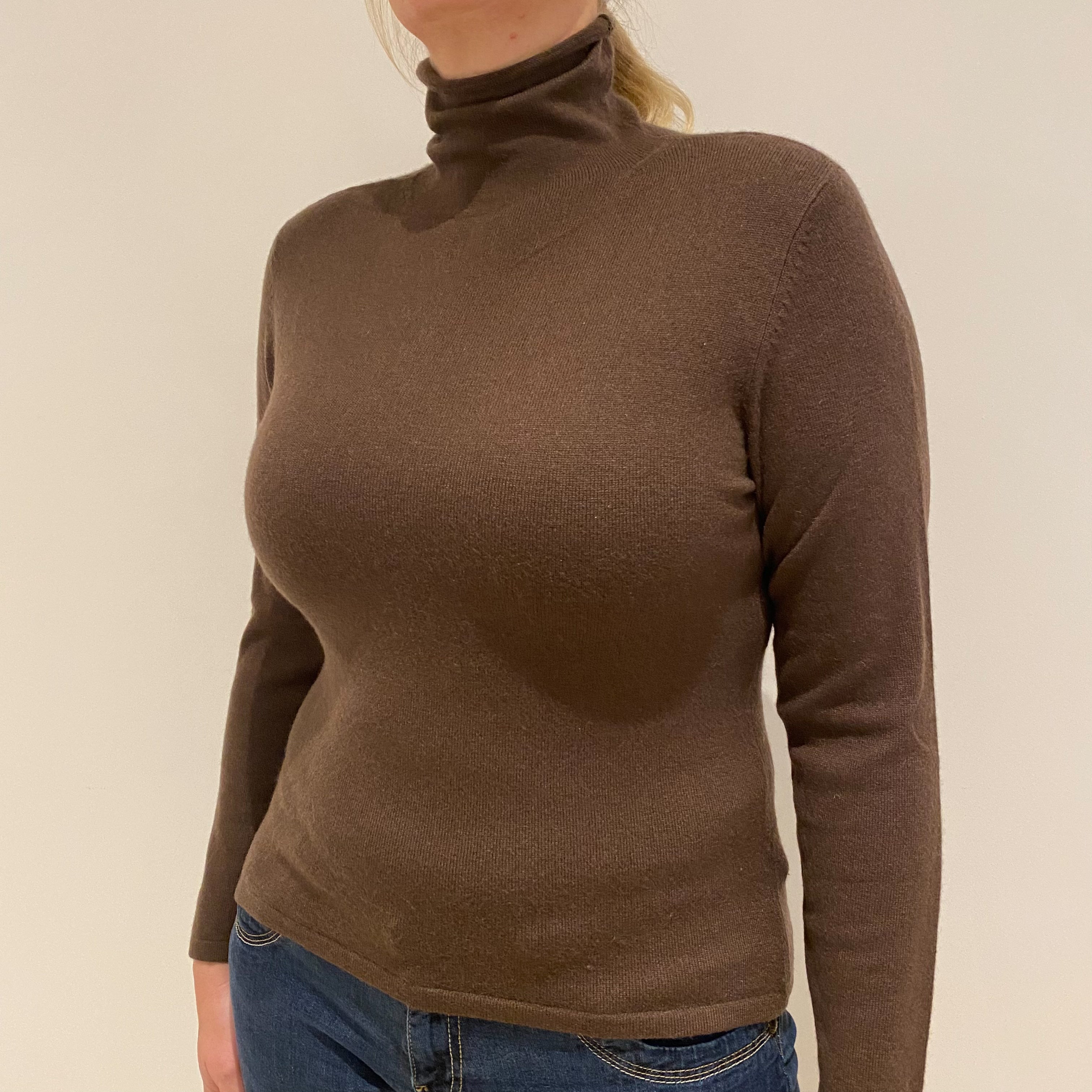 Chocolate Brown Cashmere Polo Neck Jumper Large