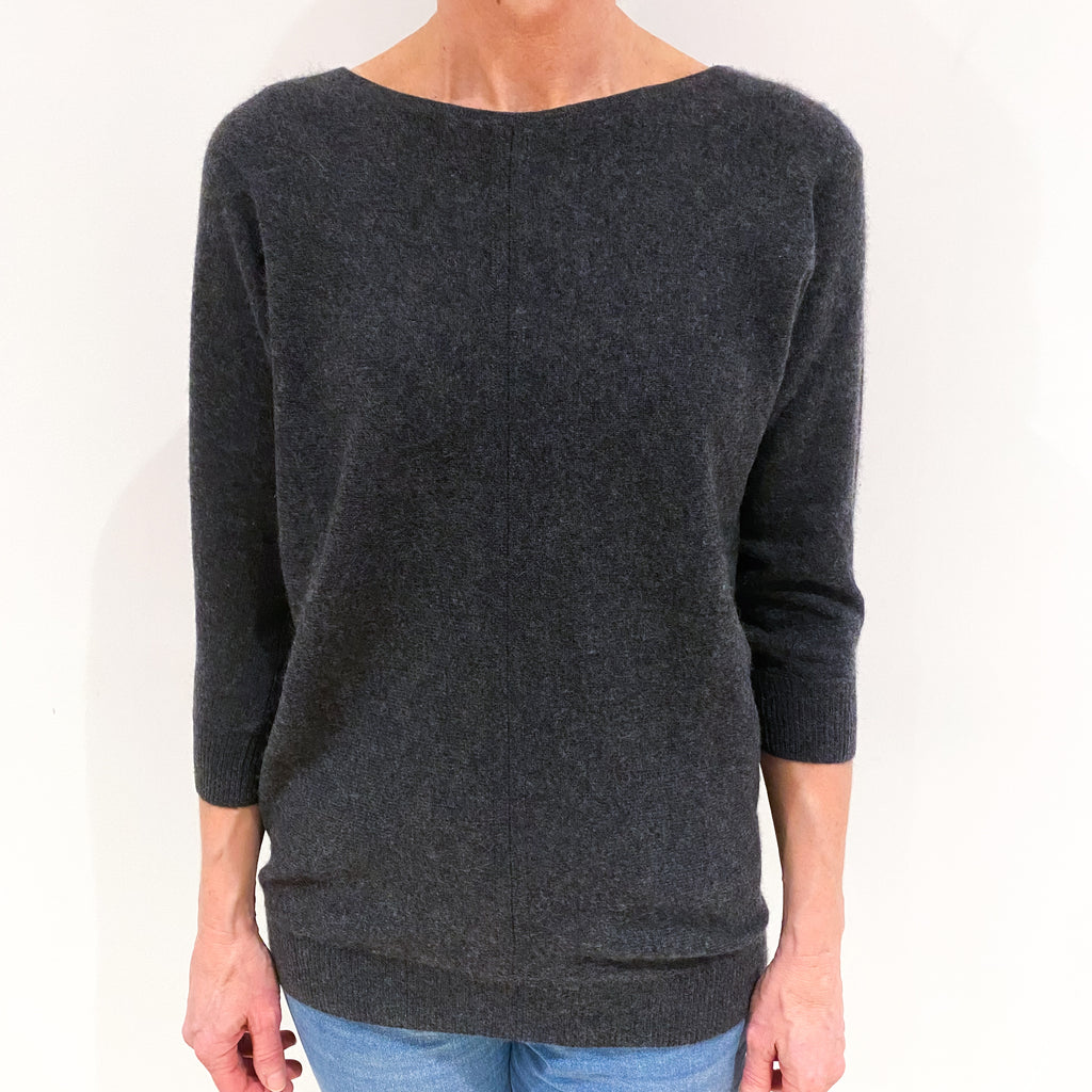 Charcoal Grey Cashmere Batwing Boat Neck Jumper Small
