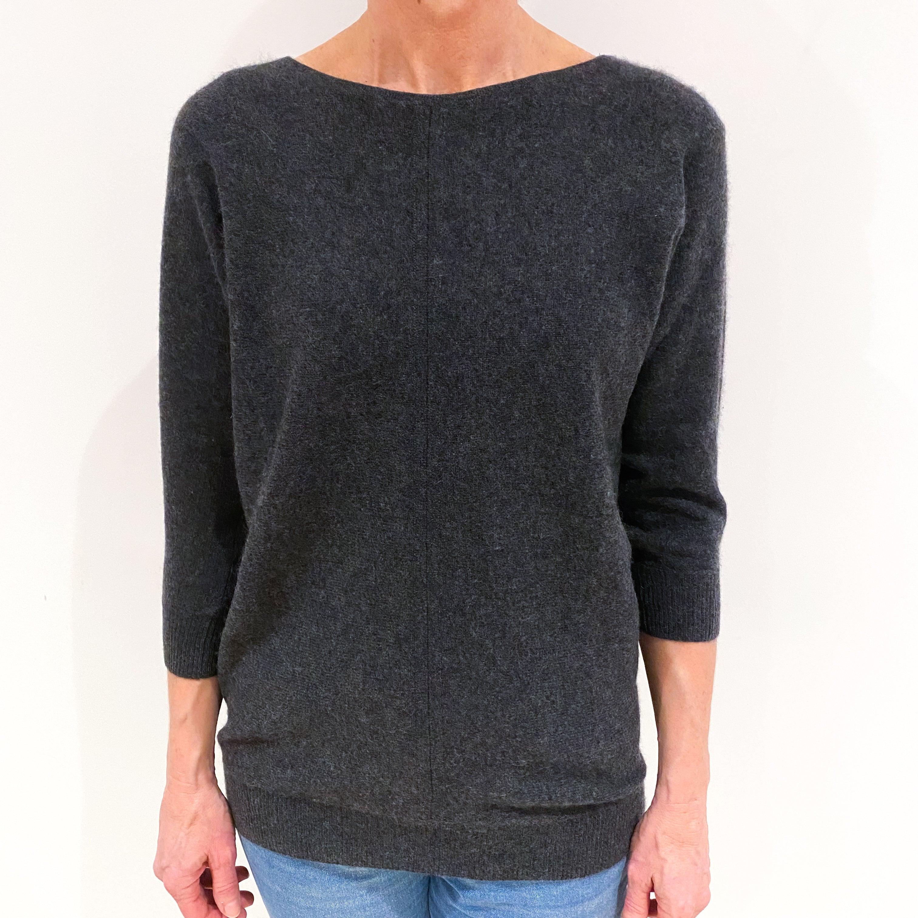 Charcoal Grey Cashmere Batwing Boat Neck Jumper Small