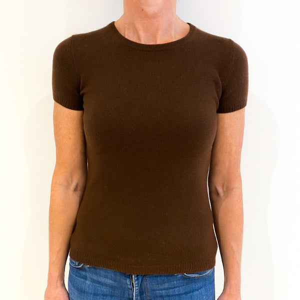 Chocolate Brown Short Sleeved Cashmere Crew Neck Jumper Small