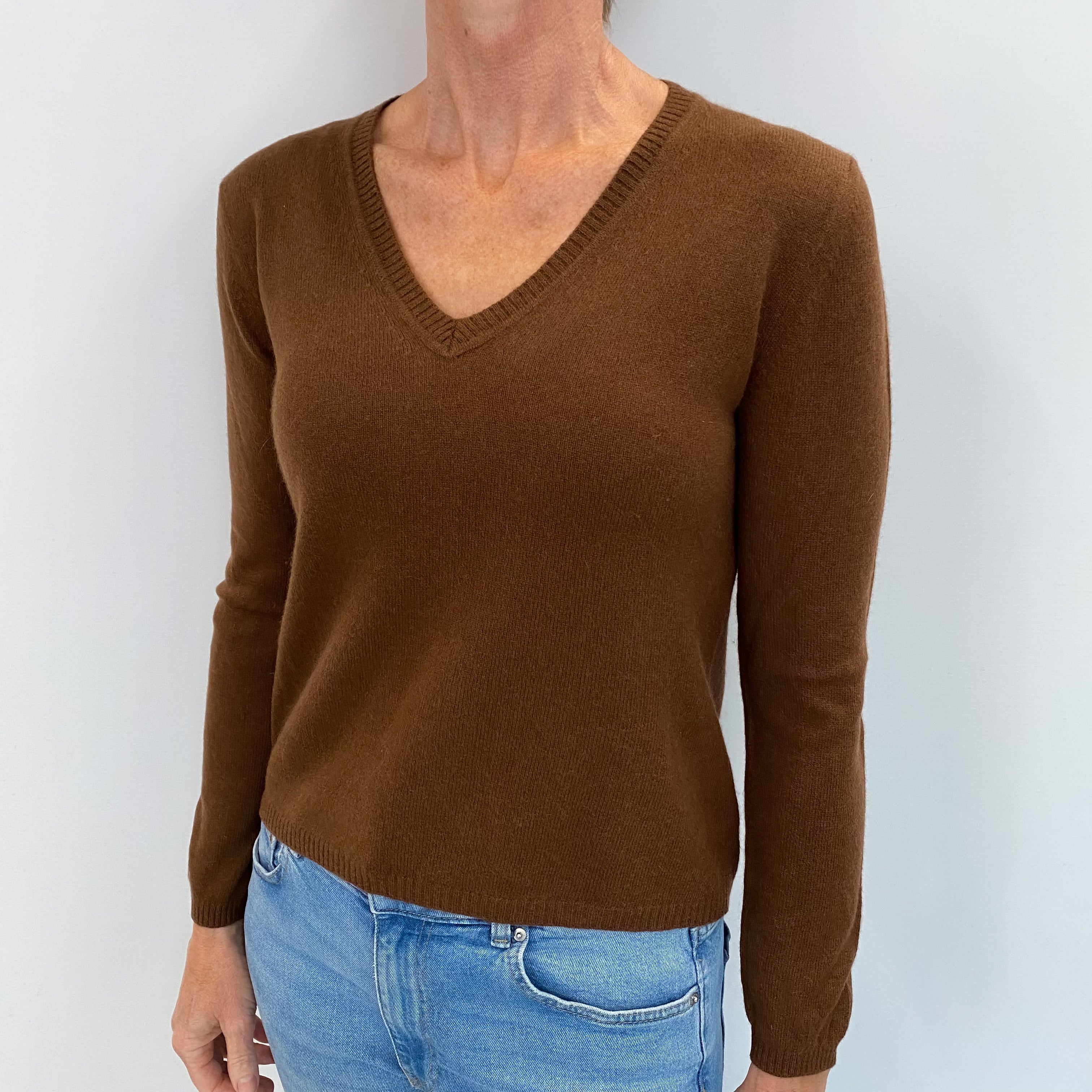 Chocolate Brown Cashmere V Neck Jumper Small