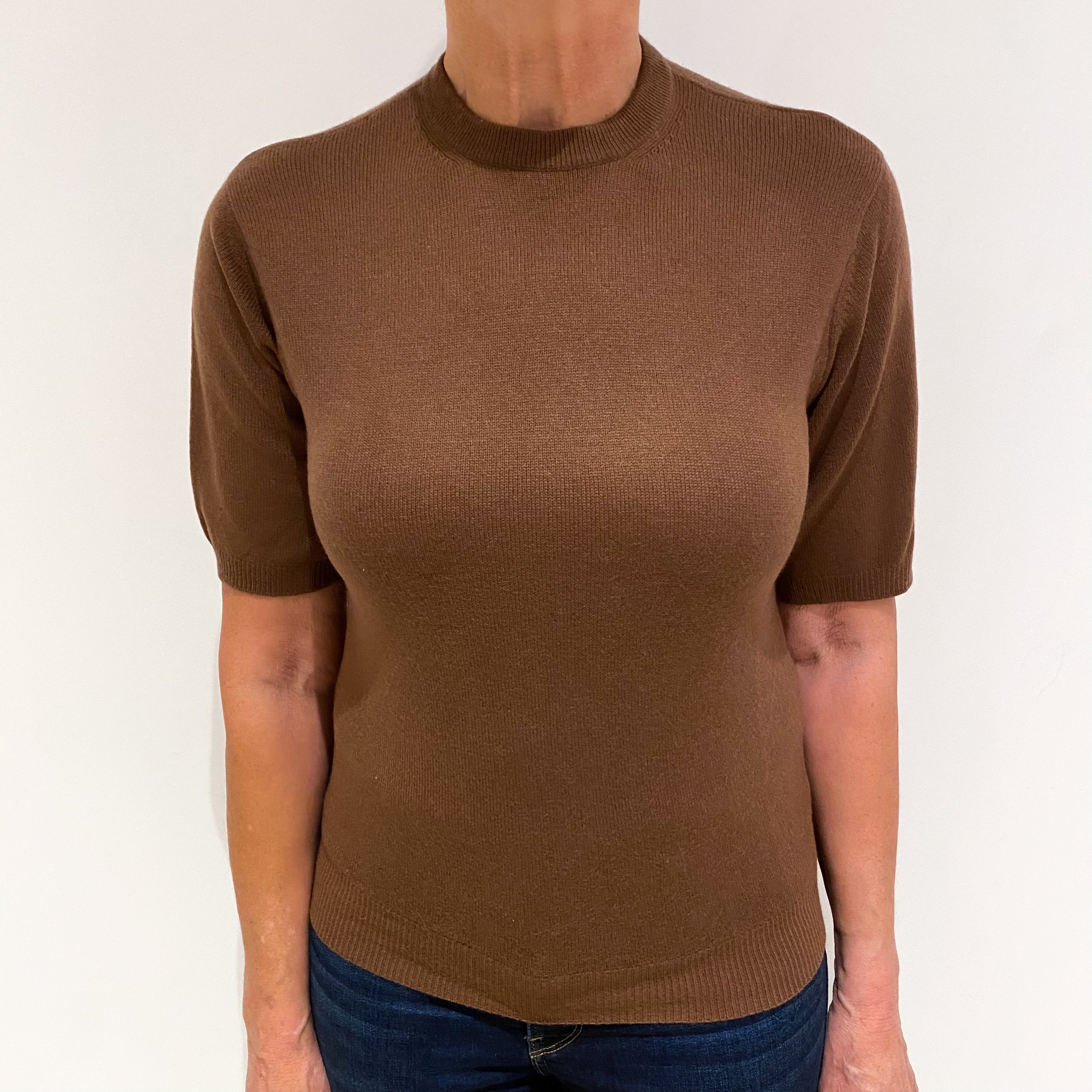 Pecan Brown Cashmere Short Sleeve Crew Neck Jumper Medium