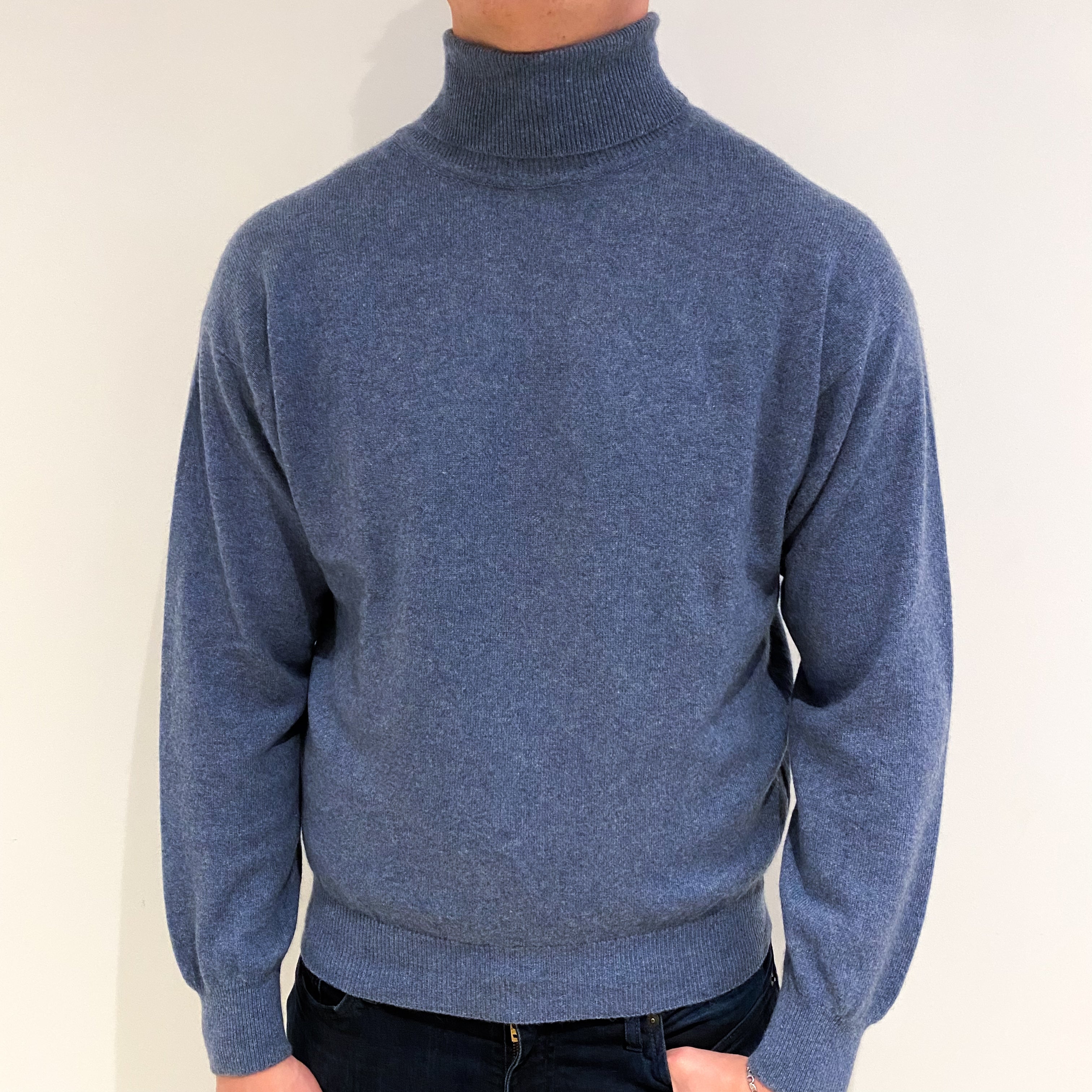 Men's Denim Blue Cashmere Polo Neck Jumper XL
