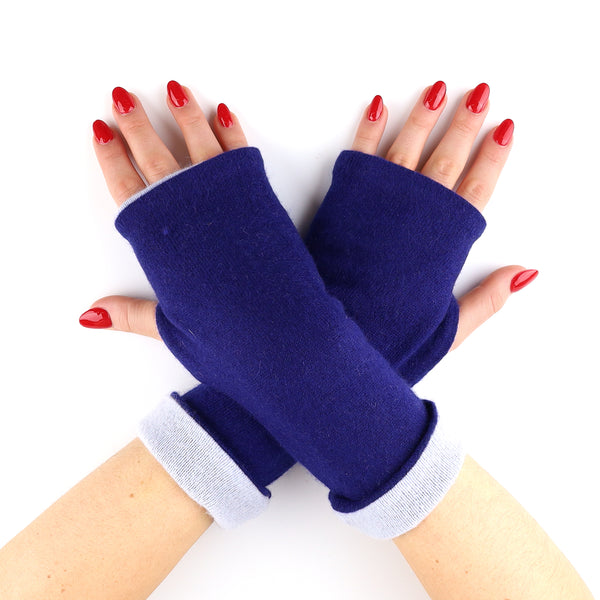 Cobalt and Pale Blue Reversible Cashmere Fingerless Gloves
