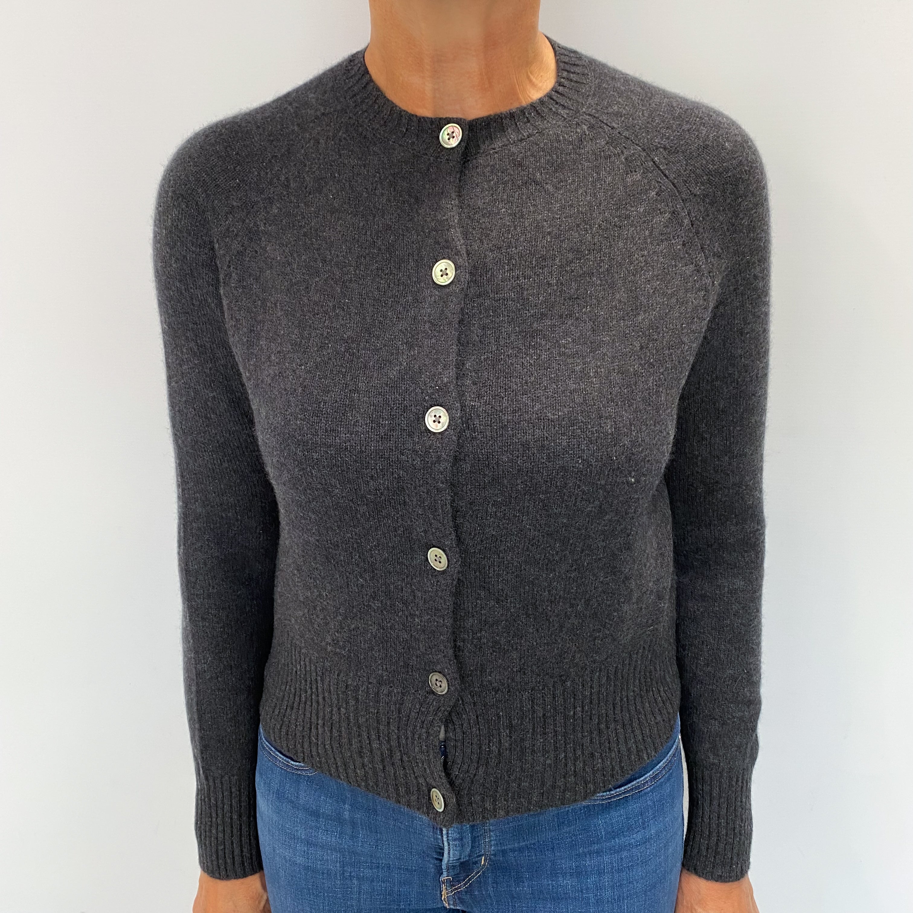 Charcoal Grey Cashmere Crew Neck Cardigan Medium