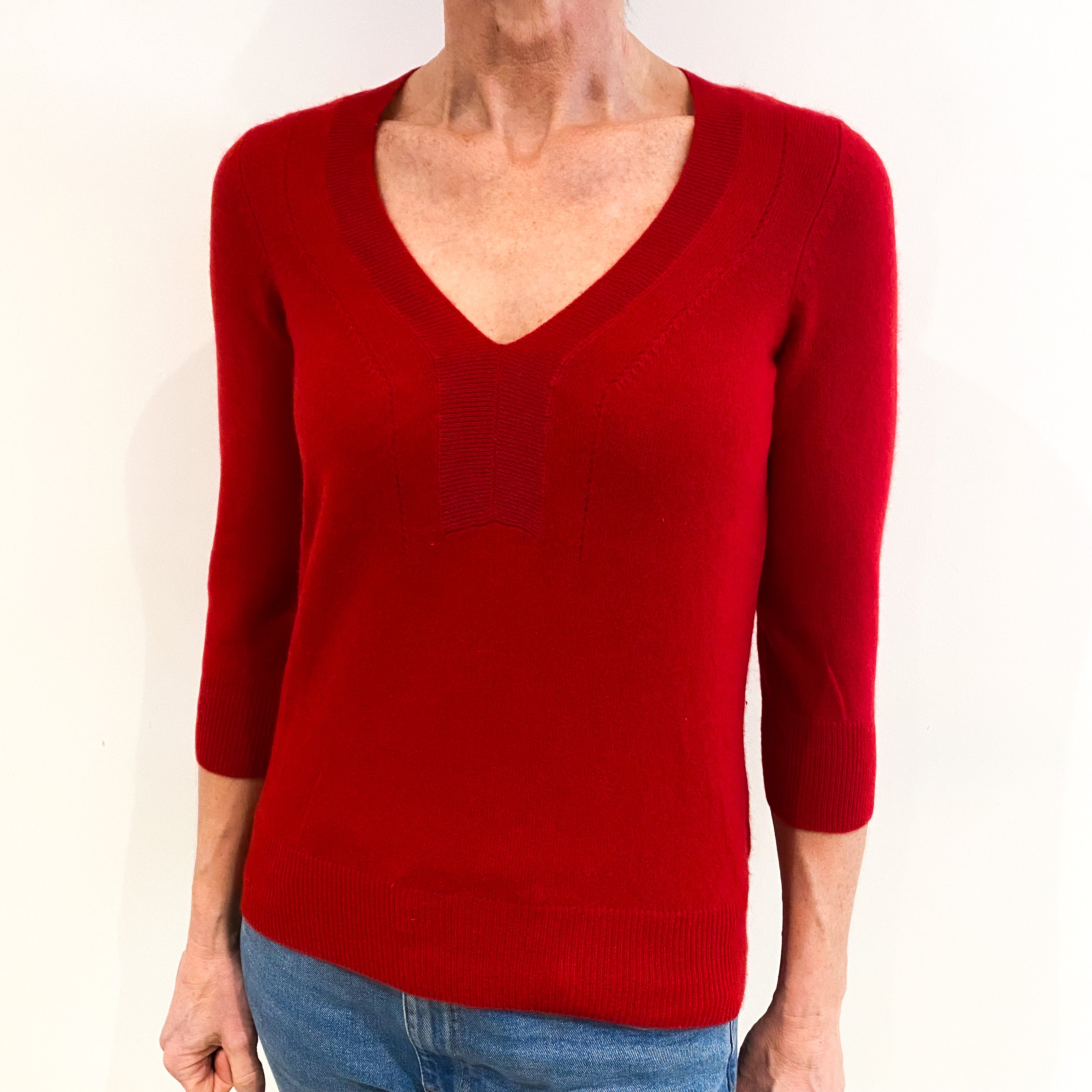 Post Box Red Cashmere 3/4 Sleeve V Neck Jumper Small