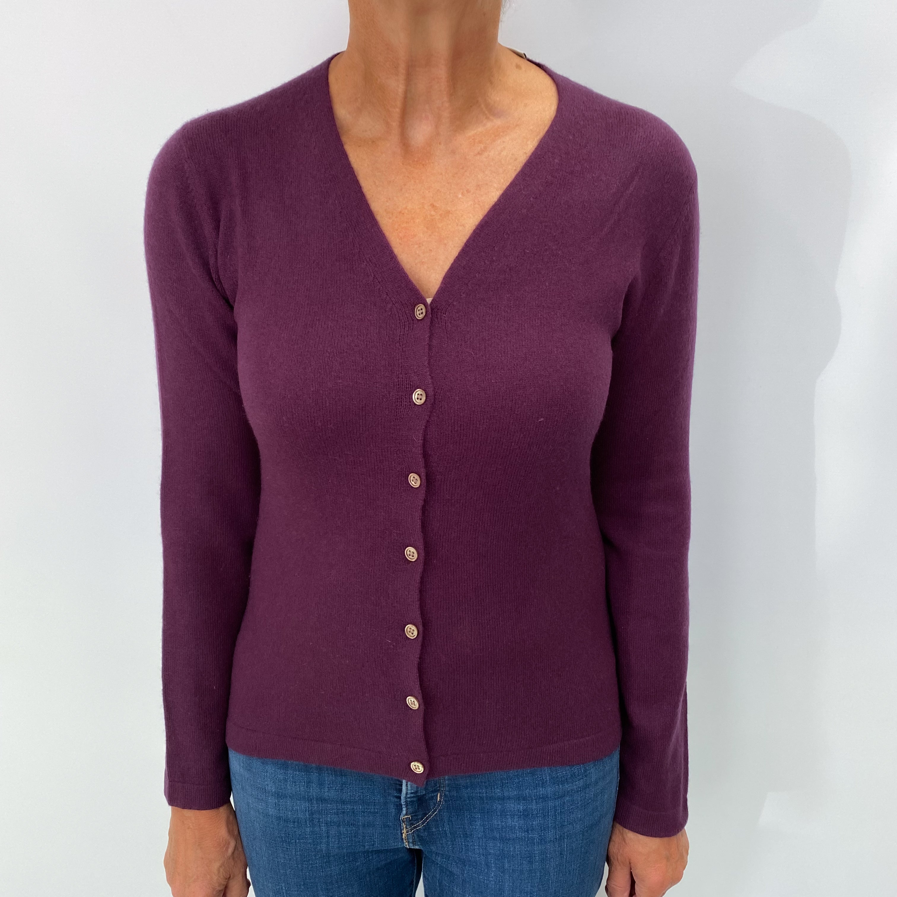 Aubergine Purple Cashmere V Neck Cardigan Medium