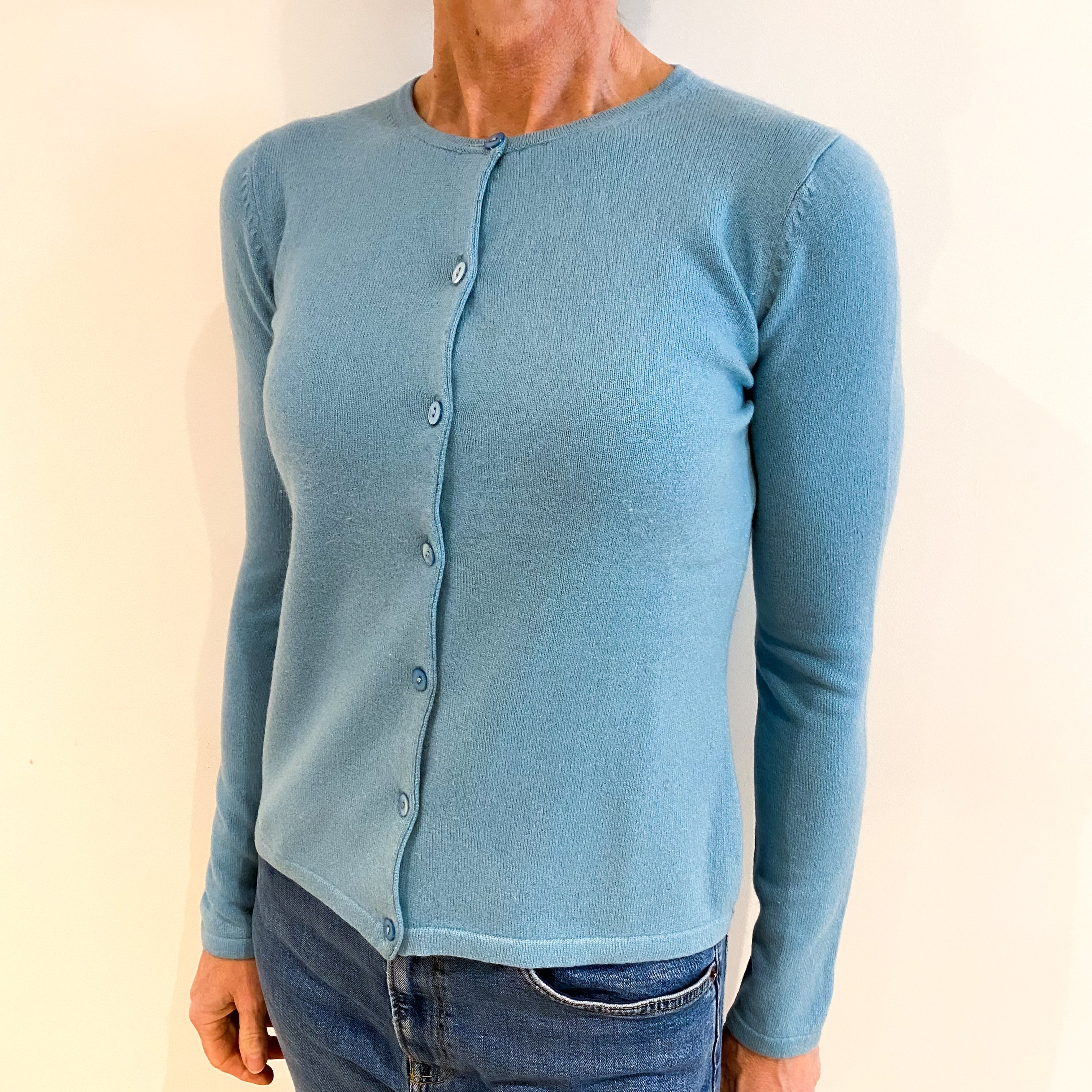 Aqua Blue Cashmere Crew Neck Cardigan Small