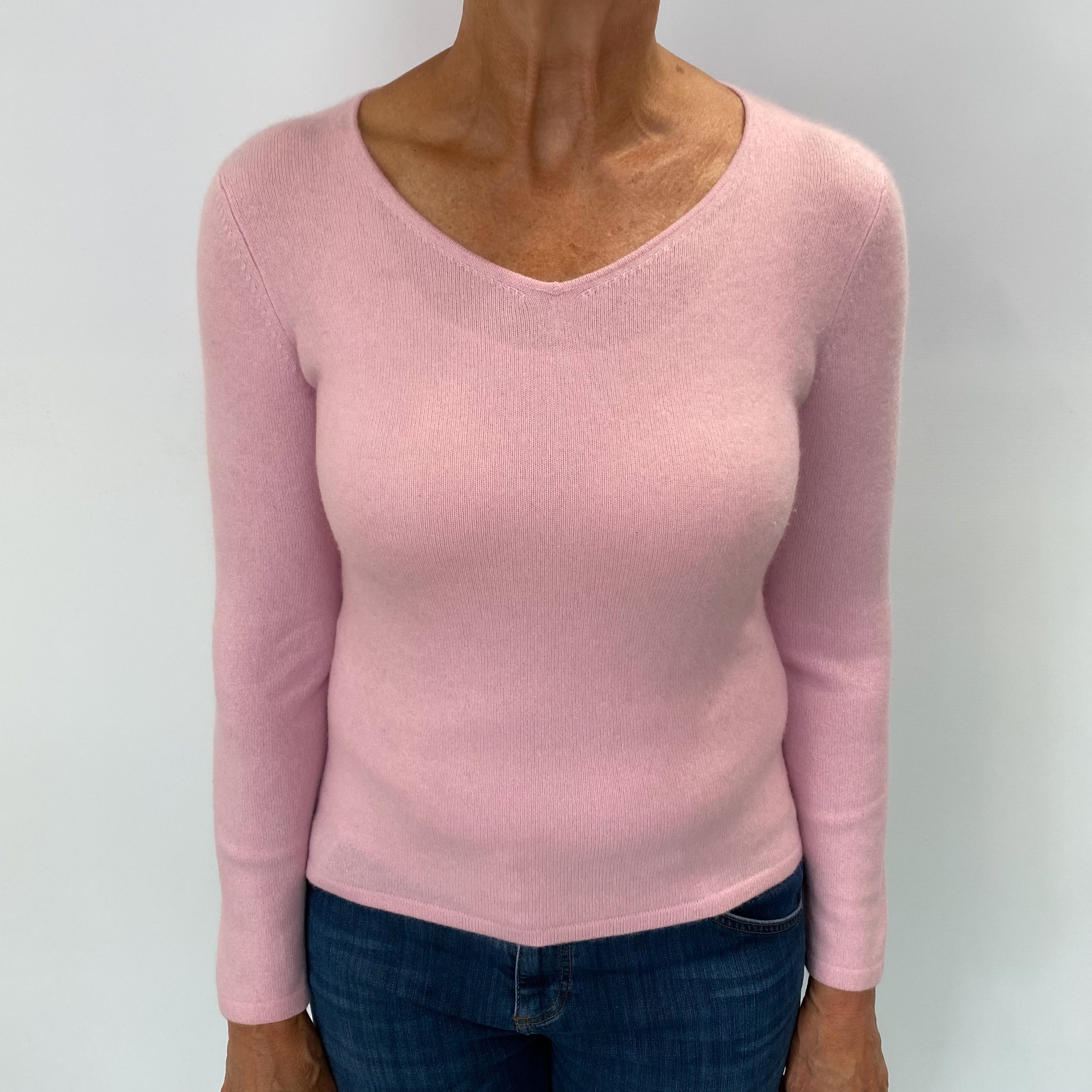 Carnation Pink Cashmere V Neck Jumper Medium