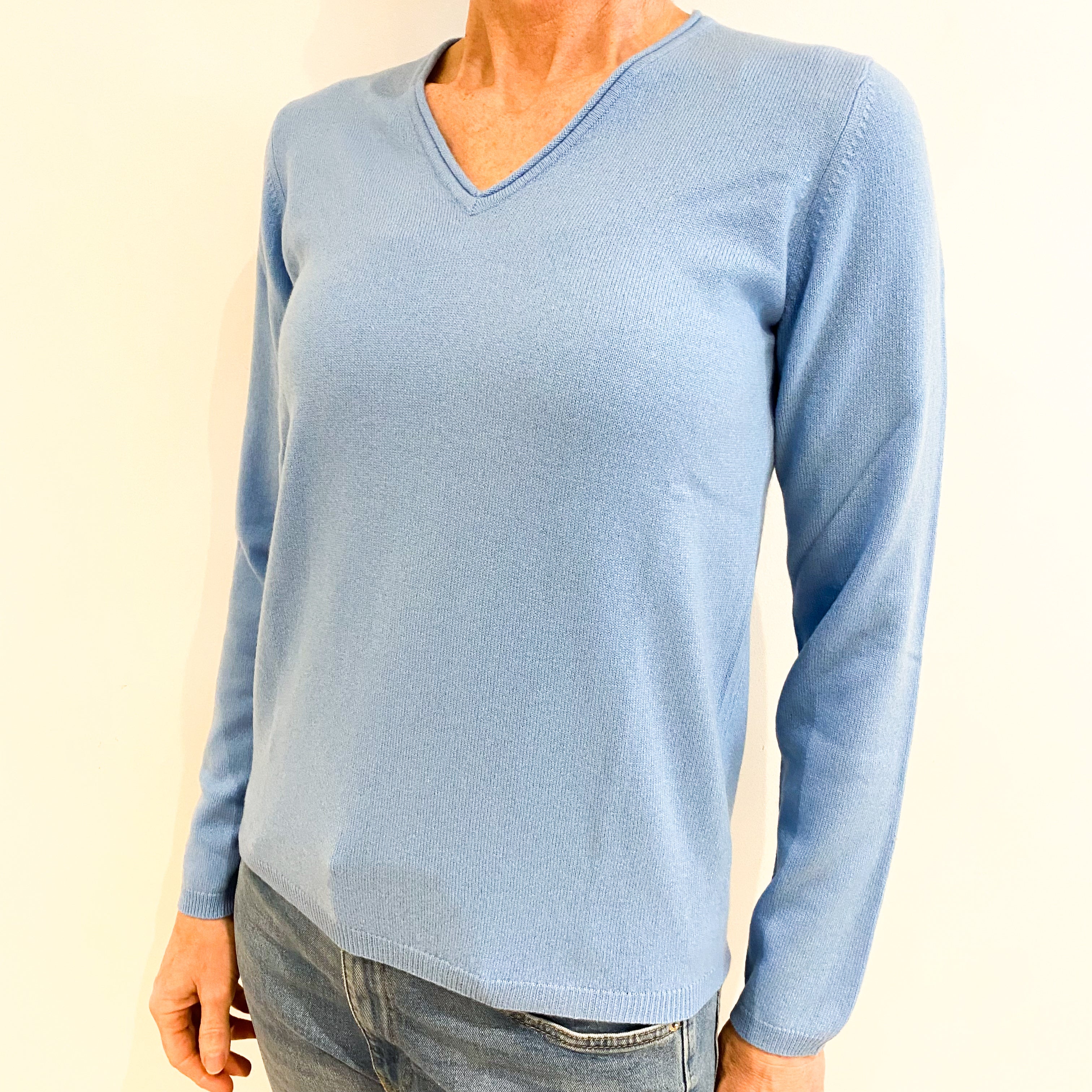 Brand New Cornflower Blue Cashmere V Neck Jumper Small