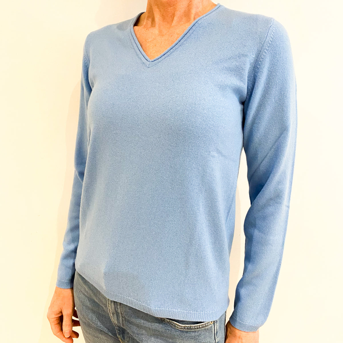 Brand New Cornflower Blue Cashmere V Neck Jumper Small