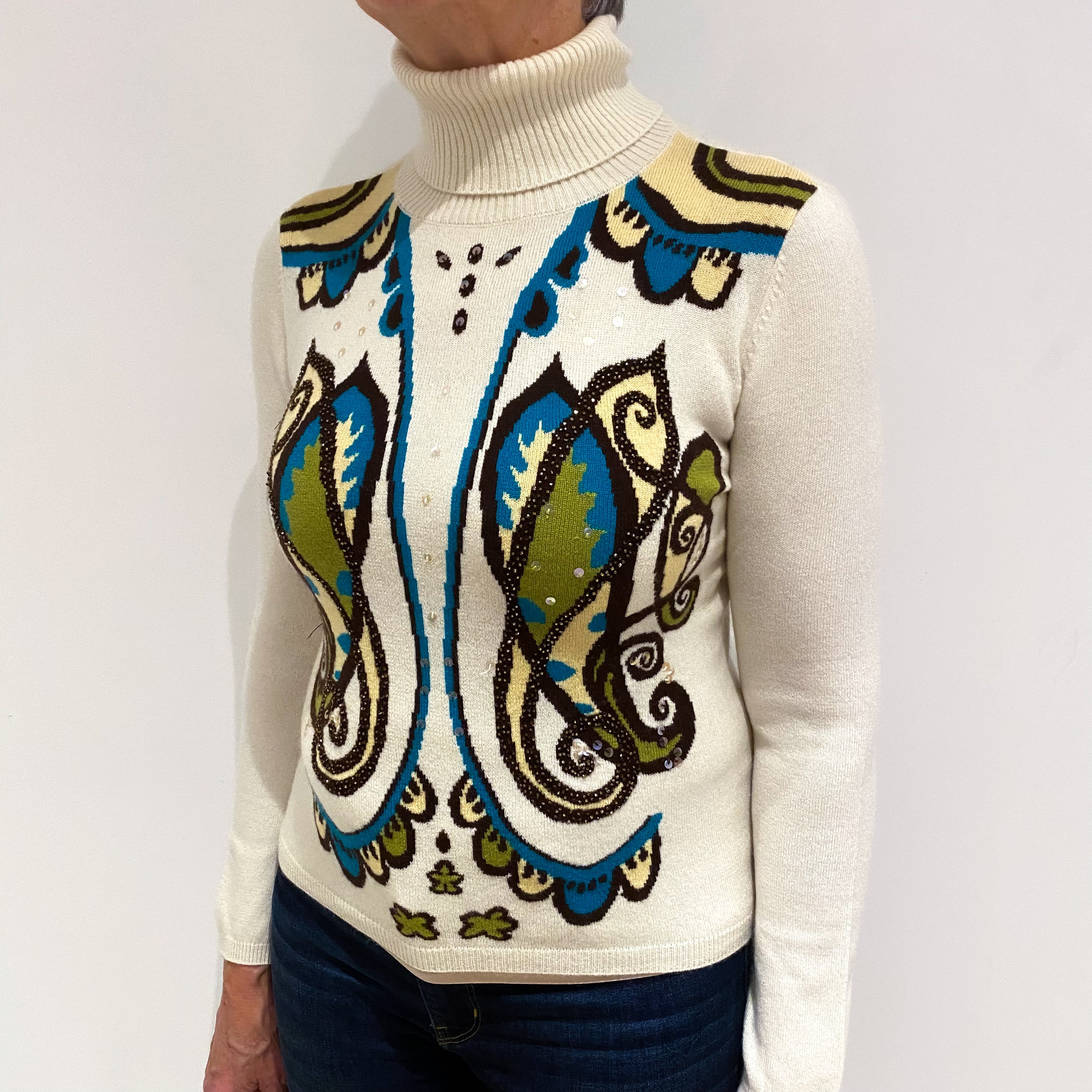 Cream Patterned Cashmere Polo Neck Jumper Medium