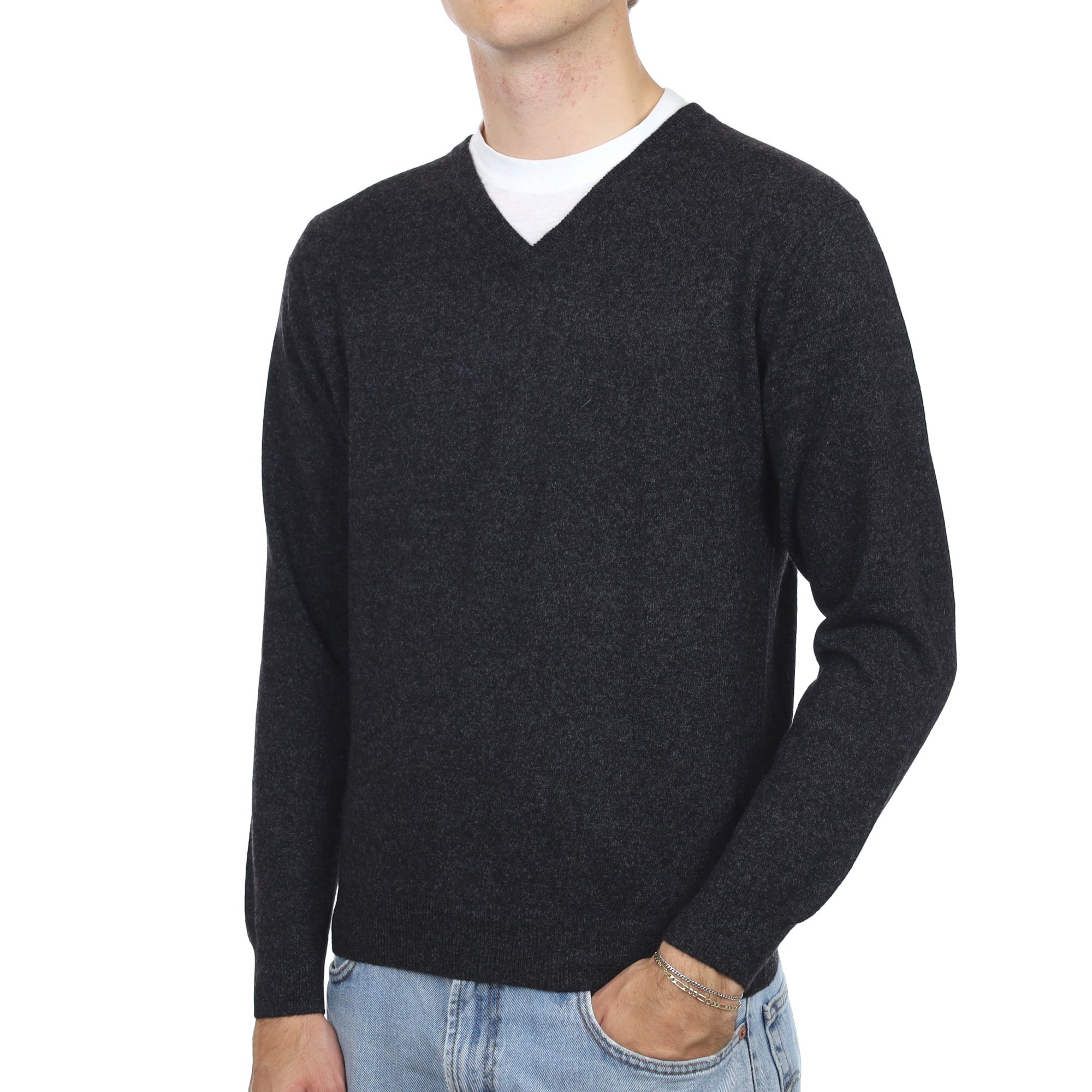 Men's Charcoal Grey Cashmere V Neck Jumper Medium