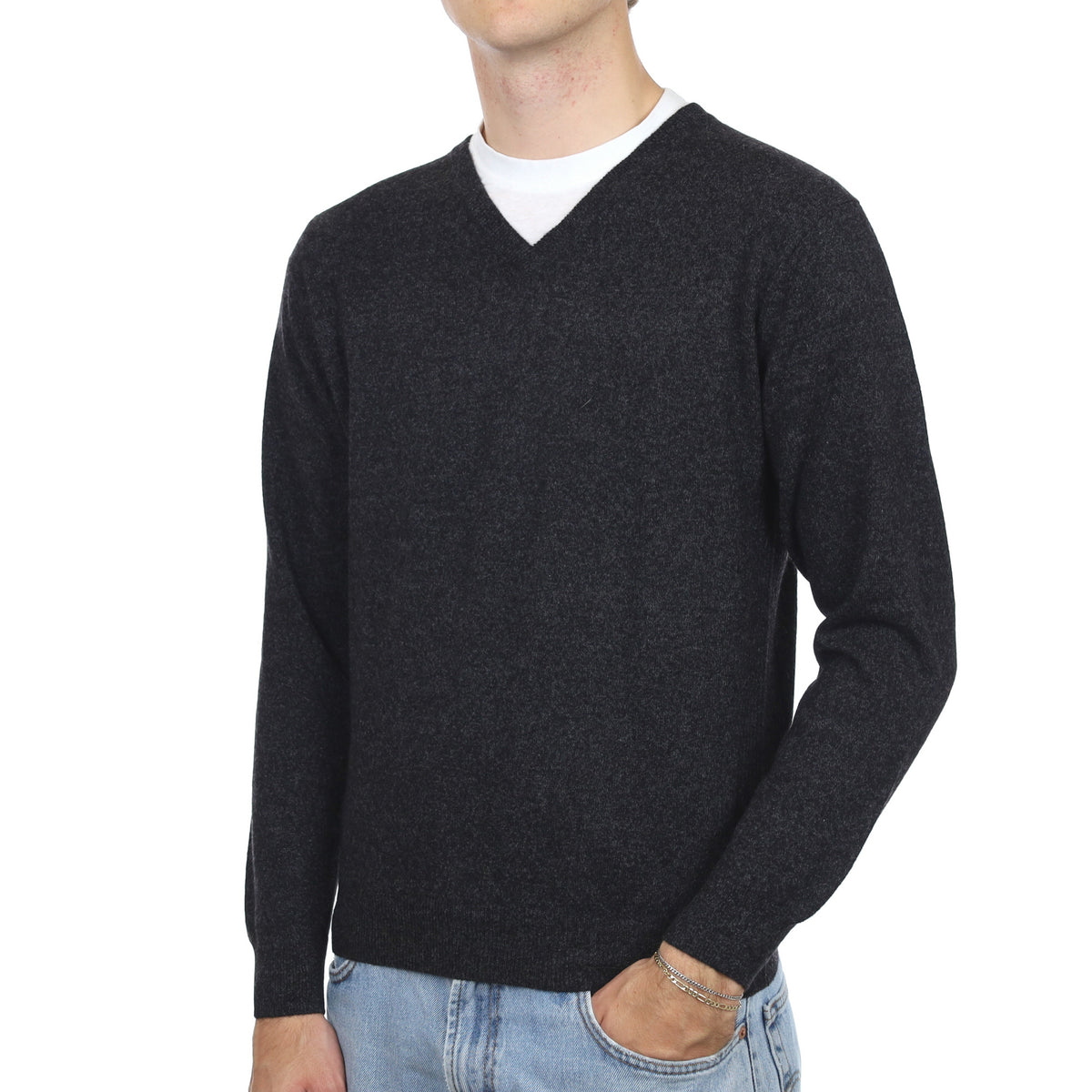 Men's Charcoal Grey Cashmere V Neck Jumper Medium
