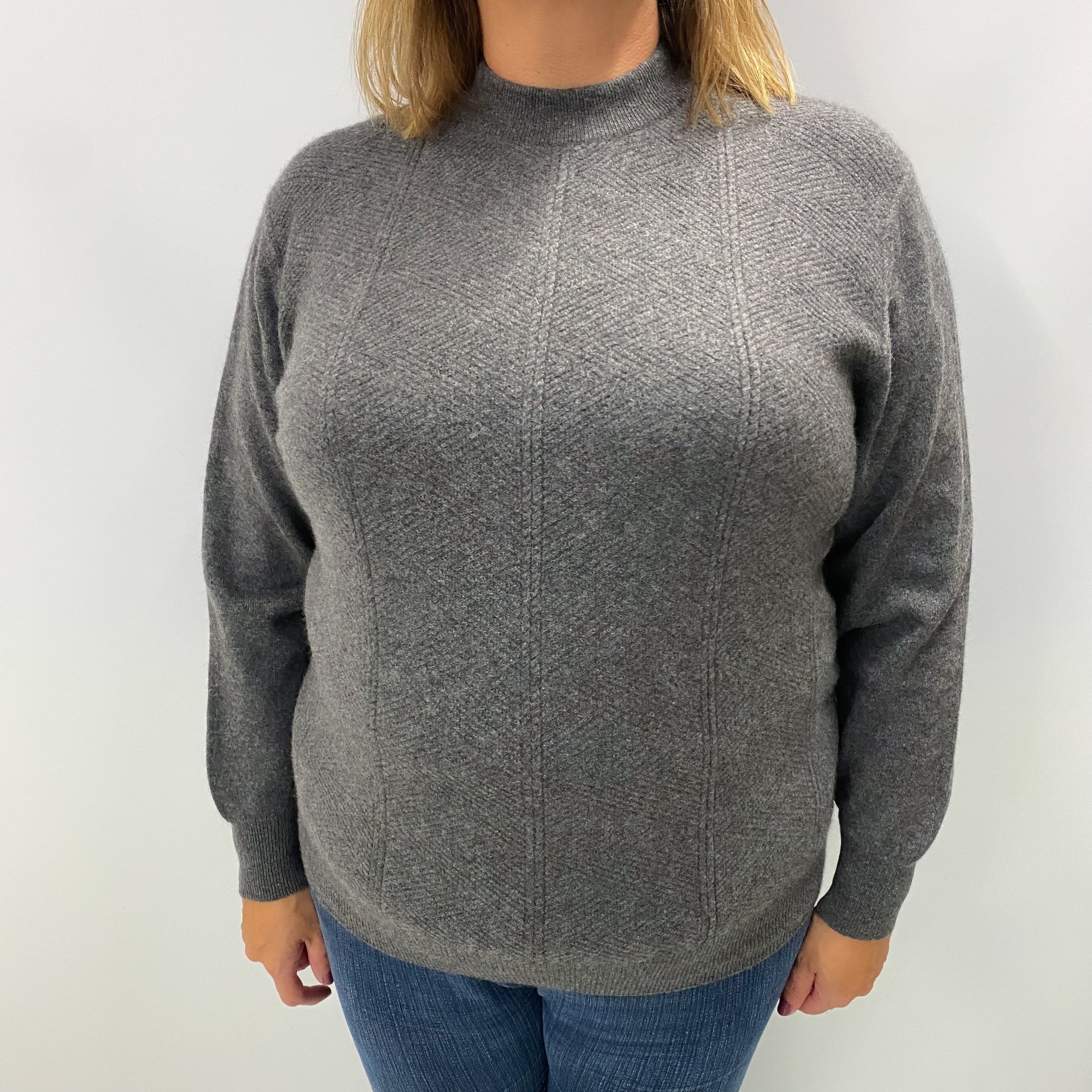 Slate Grey Cashmere Turtle Neck Textured Knit Jumper Extra Large