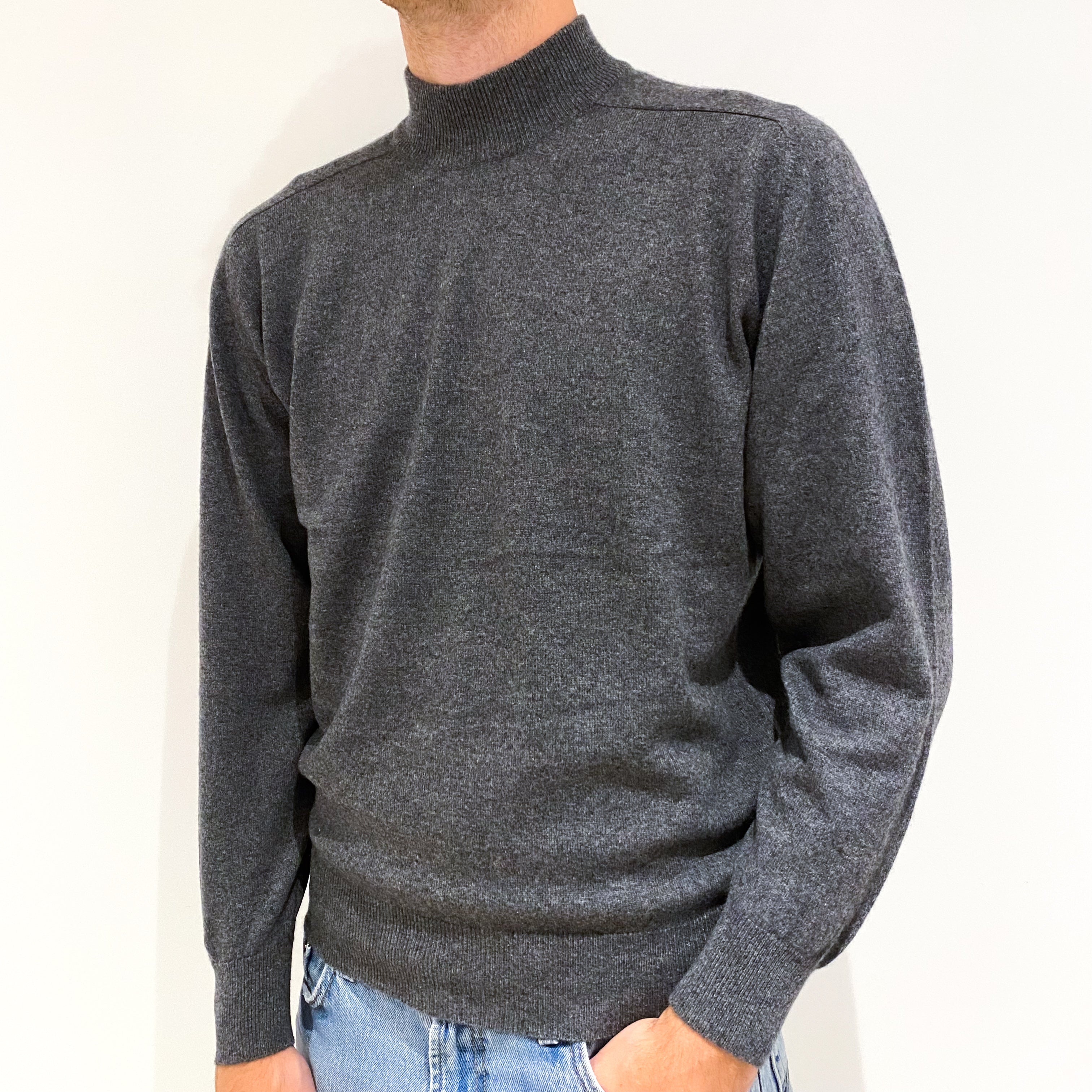 Men's Slate Grey Cashmere Turtle Neck Jumper Medium