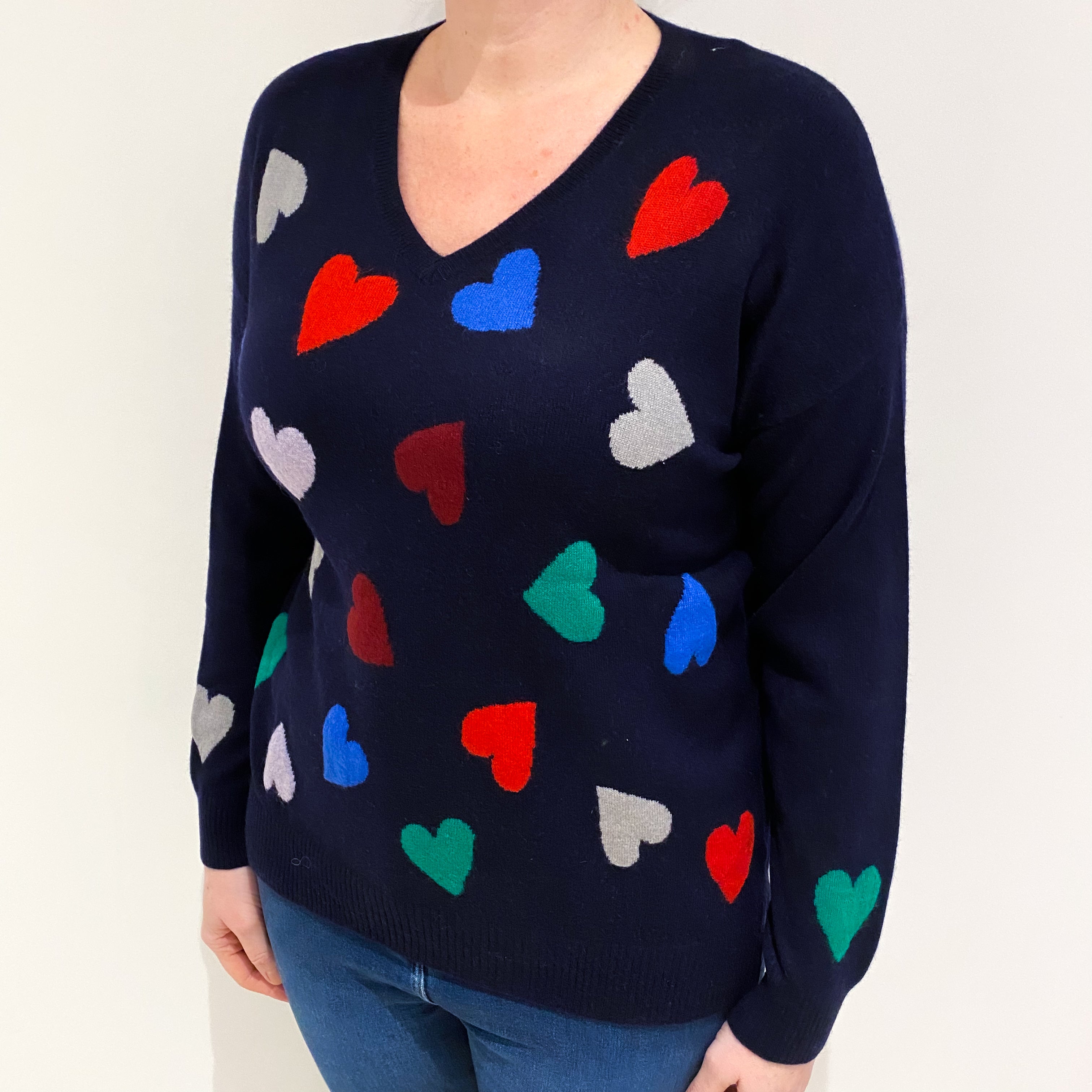 Navy Colourful Heart Cashmere V Neck Jumper Large