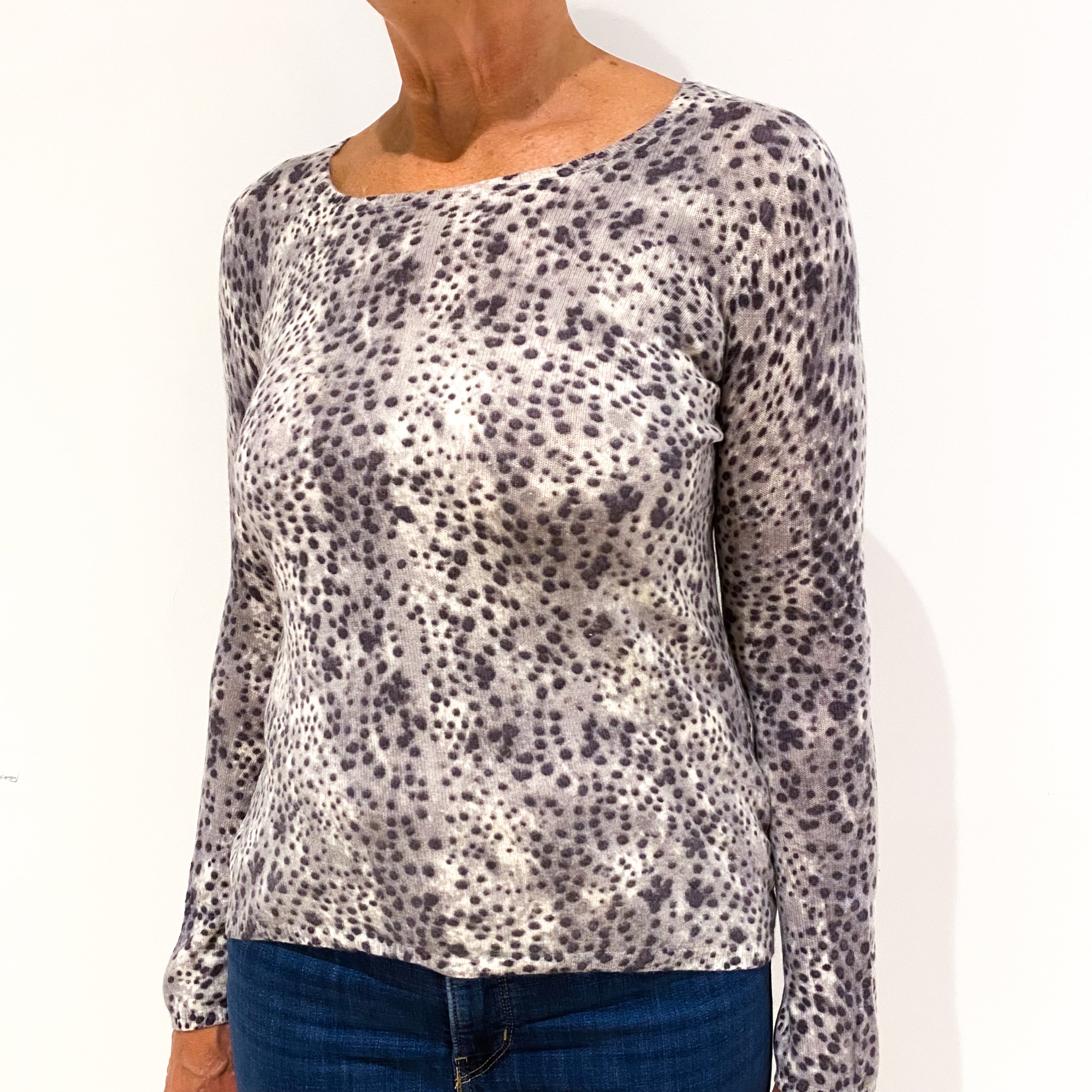 Grey Spot Patterned Cashmere Crew Neck Jumper Medium