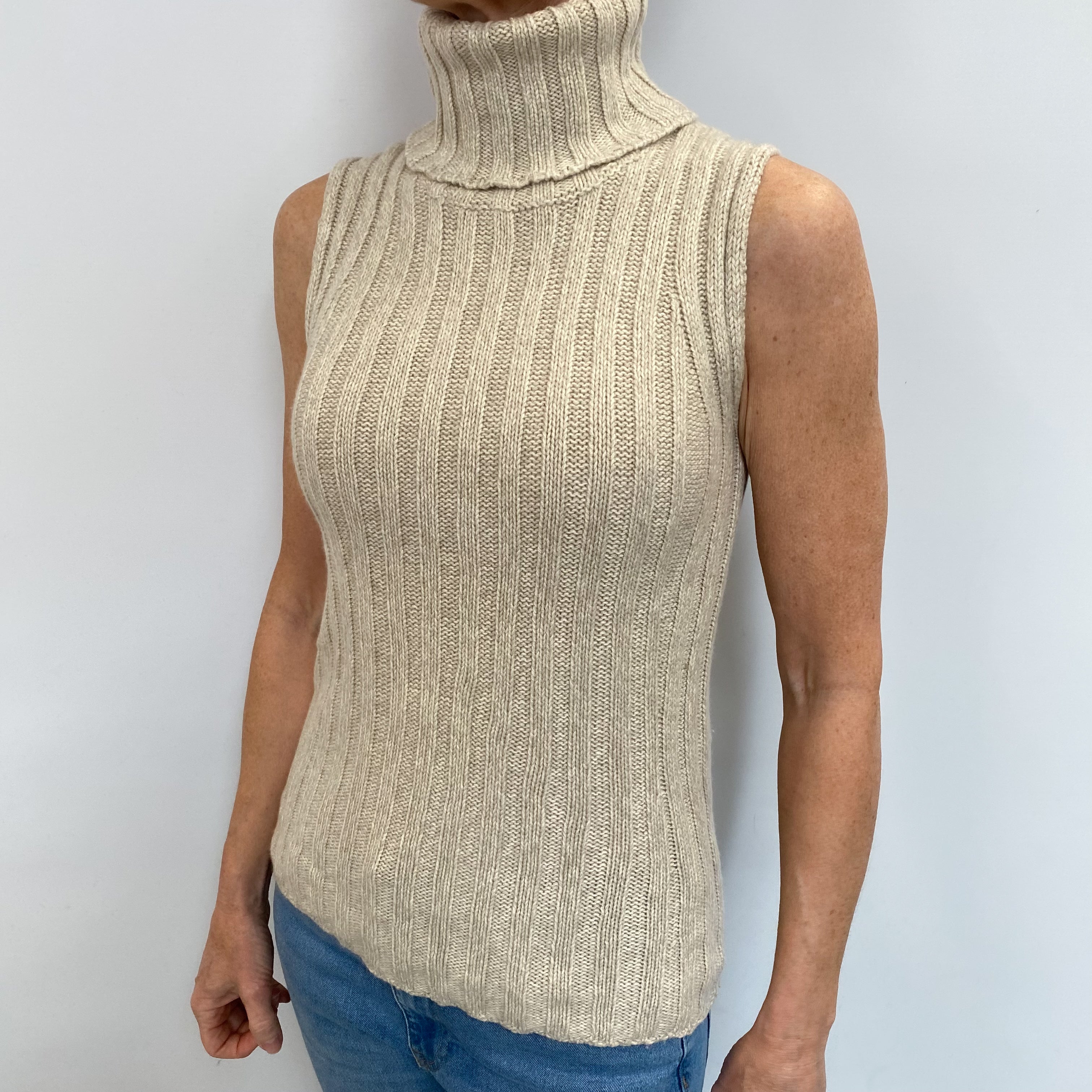 Theory Oatmeal Cashmere Sleeveless Crew Neck Jumper Small