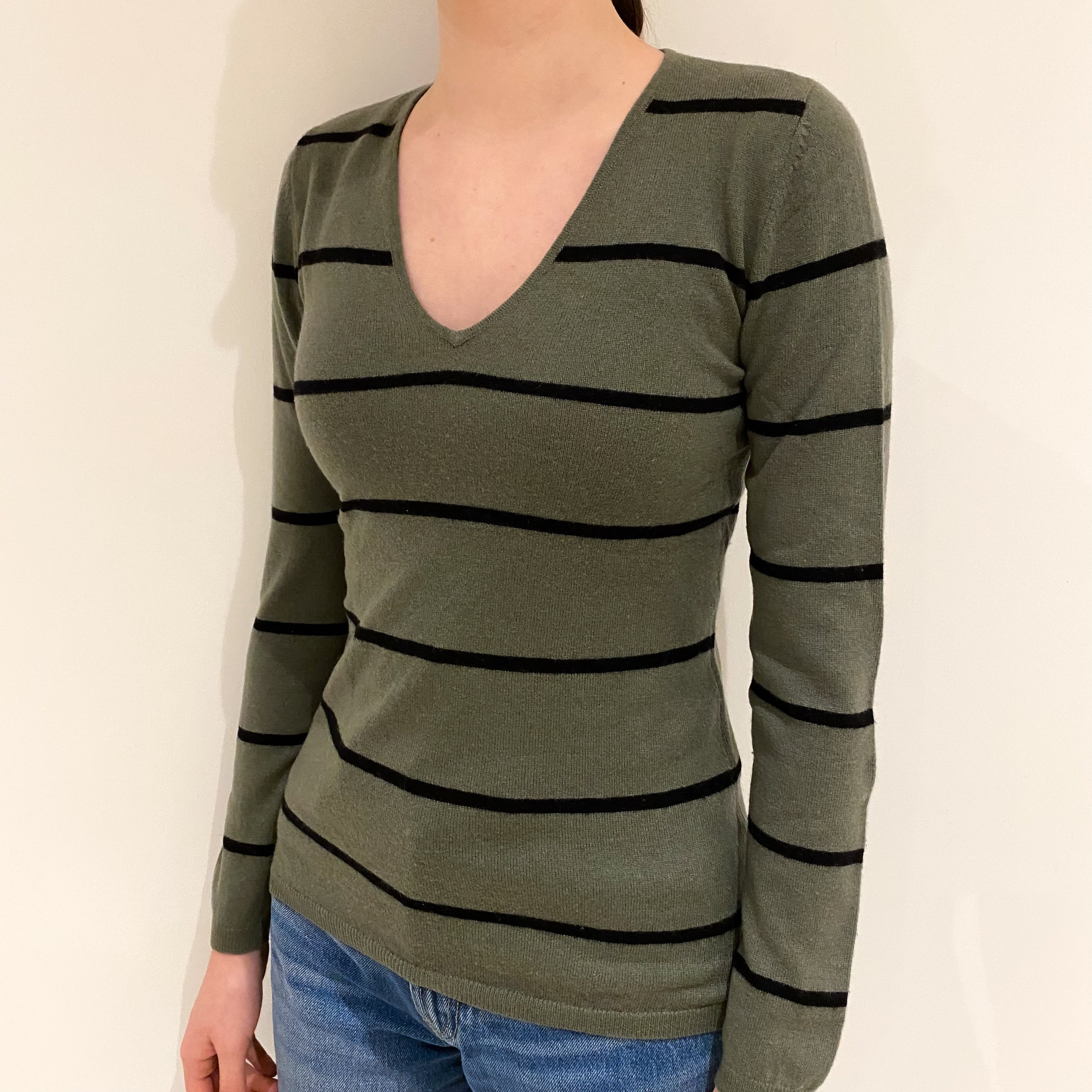 Khaki Green Black Stripe Cashmere V Neck Jumper Extra Small