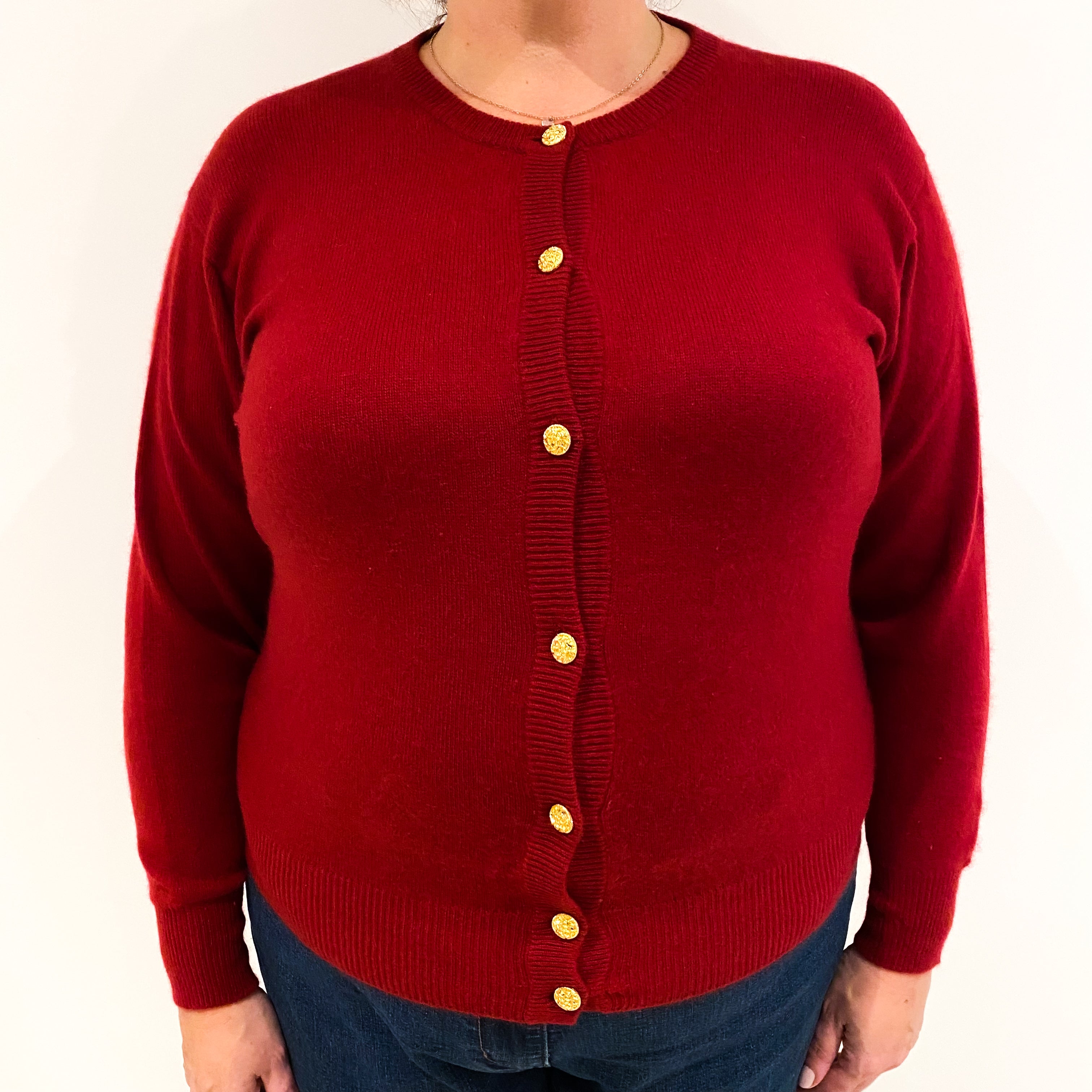 Crimson Red Cashmere Crew Neck Cardigan Extra Large