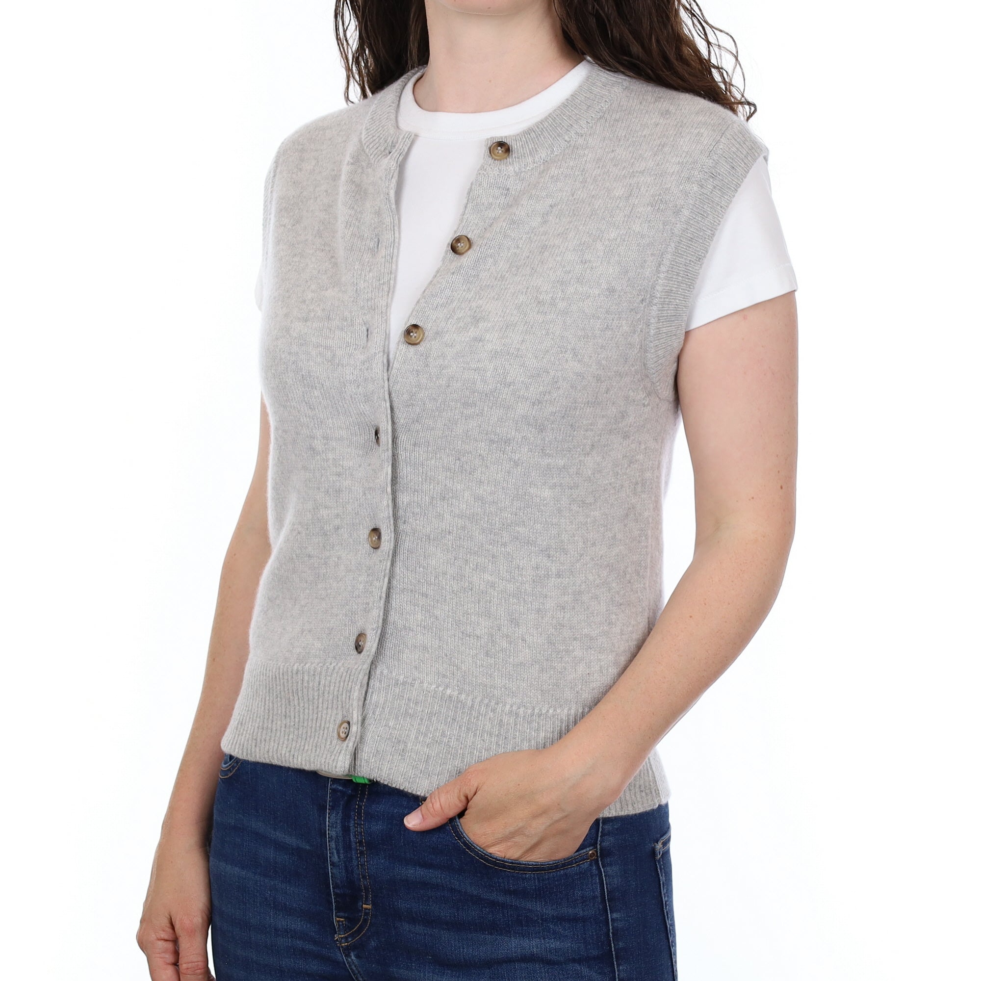 Brand New Mist Grey Luxury Cashmere Crew Neck Waistcoat Small UK 8-10
