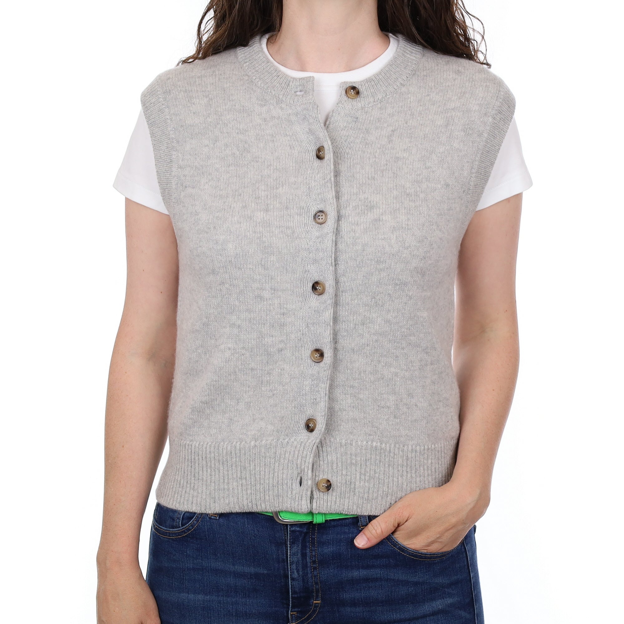 Brand New Mist Grey Luxury Cashmere Crew Neck Waistcoat Small UK 8-10