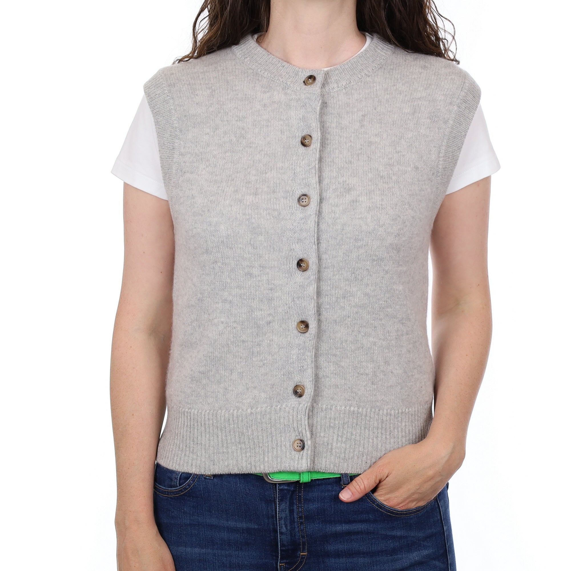 Brand New Mist Grey Luxury Cashmere Crew Neck Waistcoat Small UK 8-10