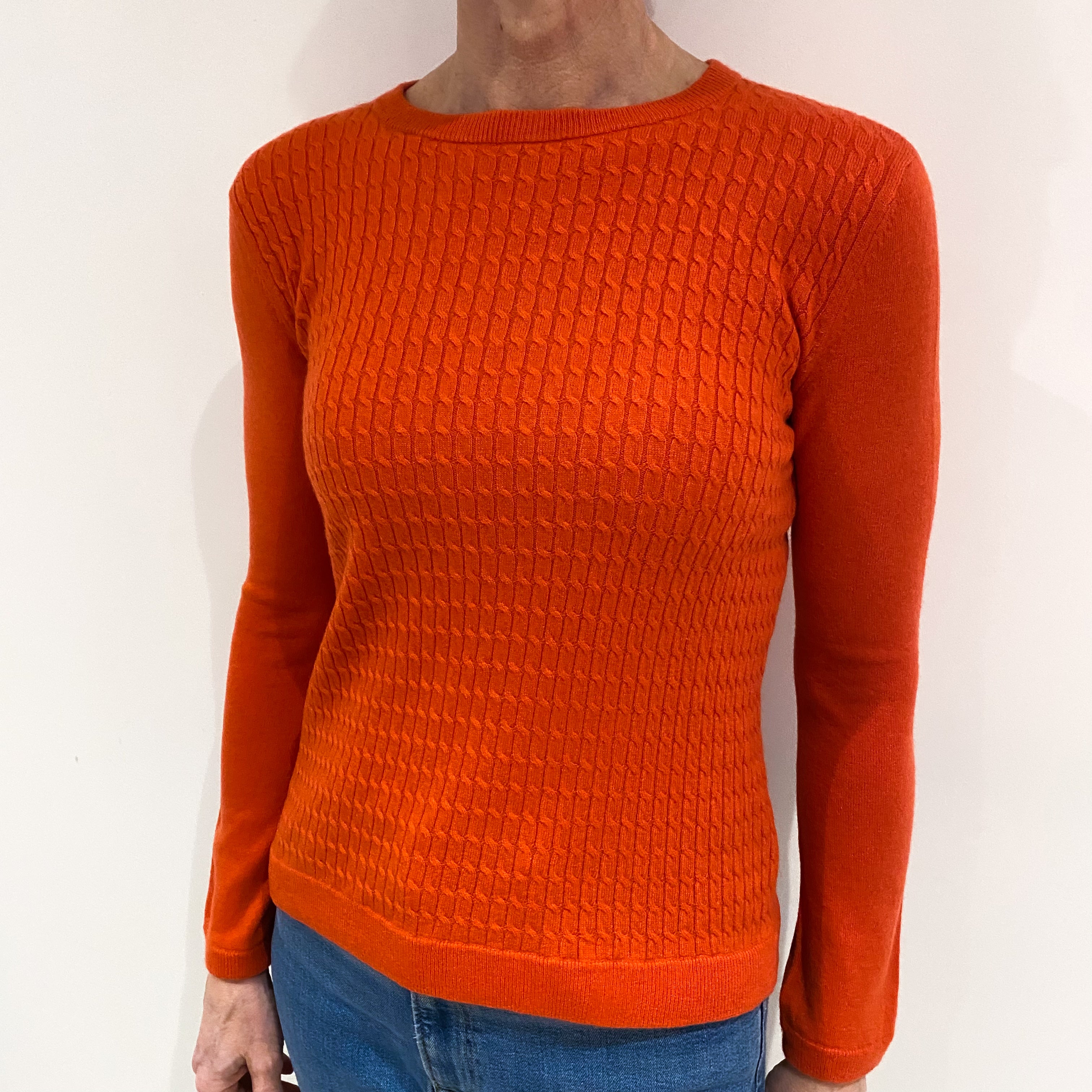 Tangerine Orange Cable Knit Cashmere Crew Neck Jumper Small