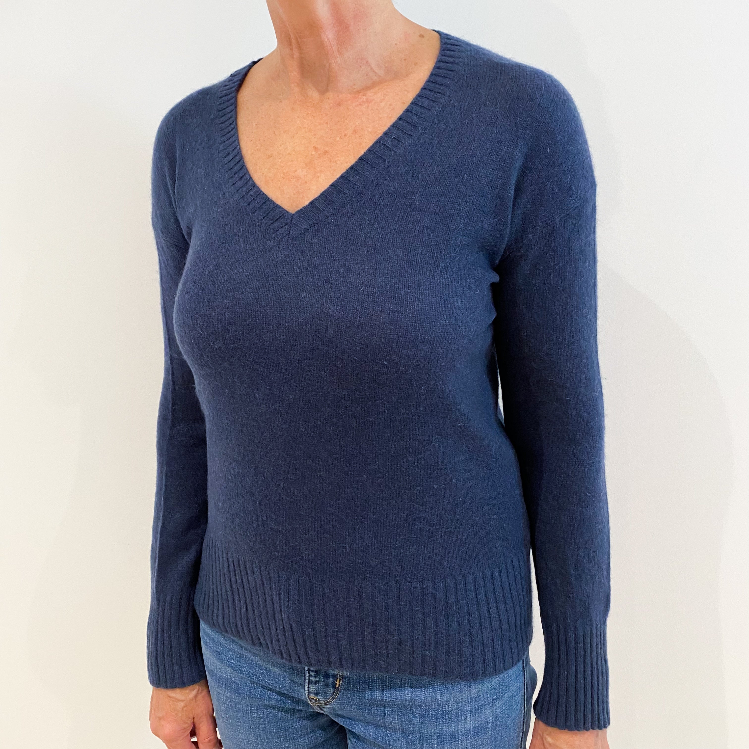 Denim Blue Cashmere V-Neck Jumper Medium