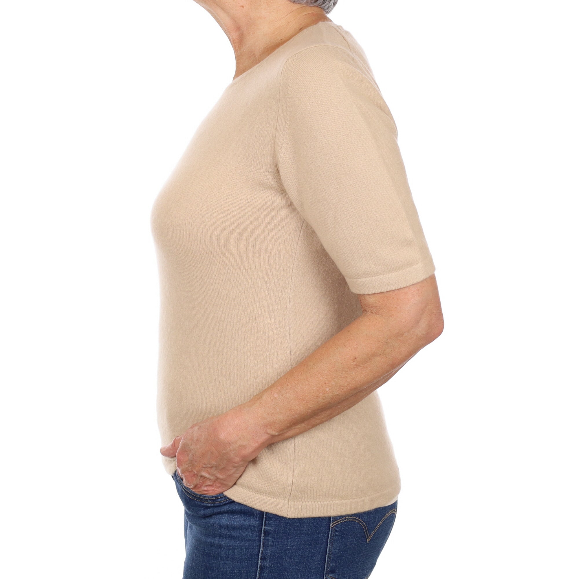 Beige Cashmere Short Sleeve Crew Neck Jumper Medium