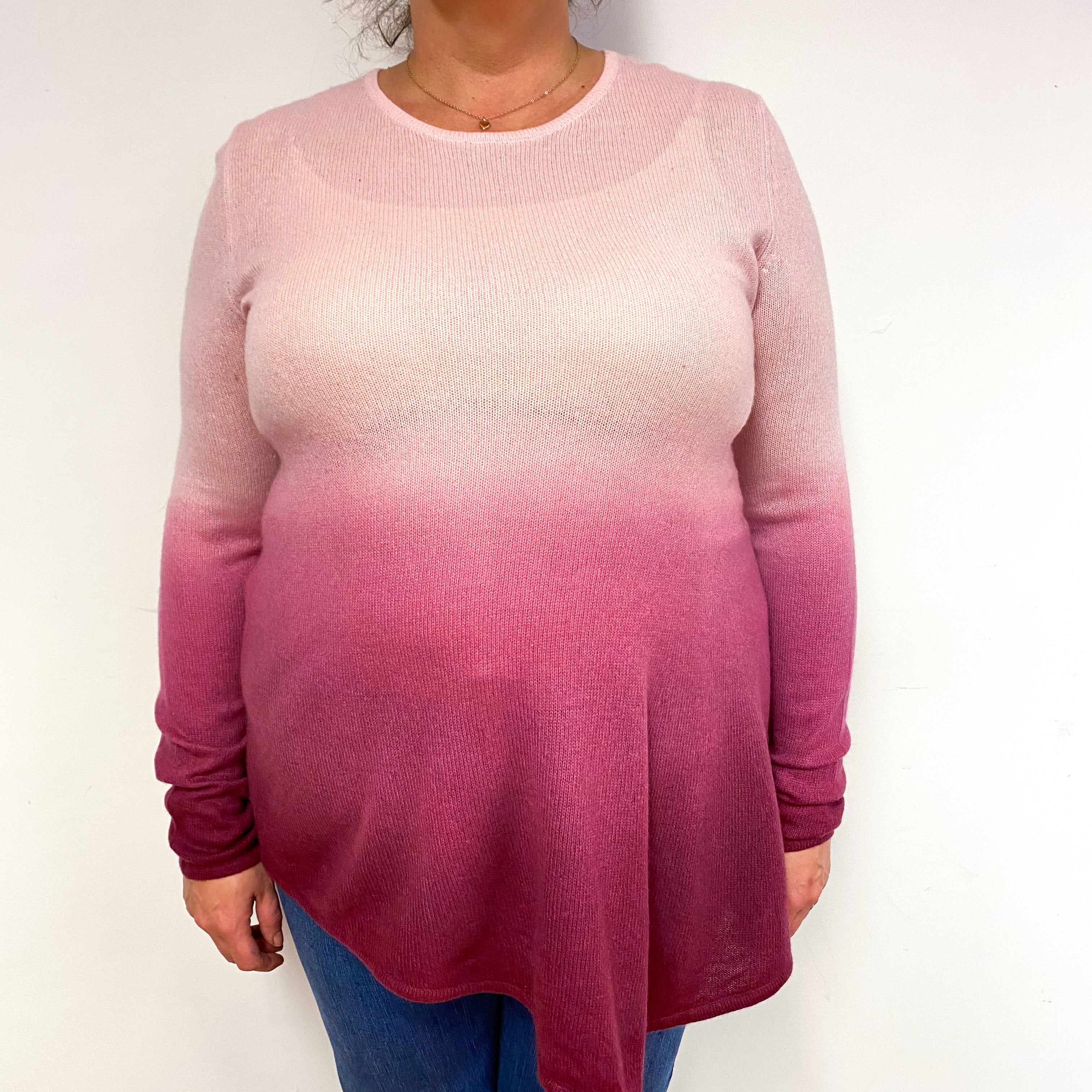 Pink Ombré Asymmetric Hem Cashmere Crew Neck Jumper Extra Large