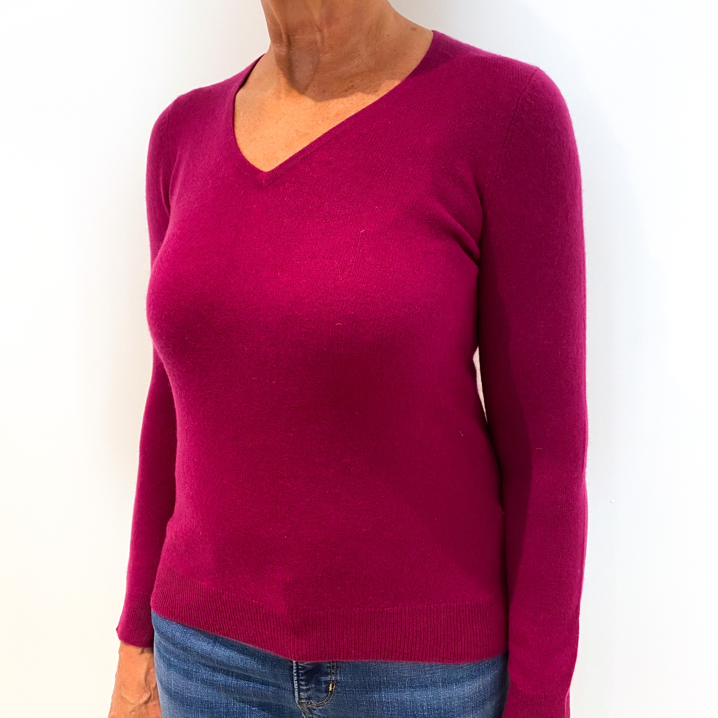 Magenta Pink Cashmere V-Neck Jumper Medium