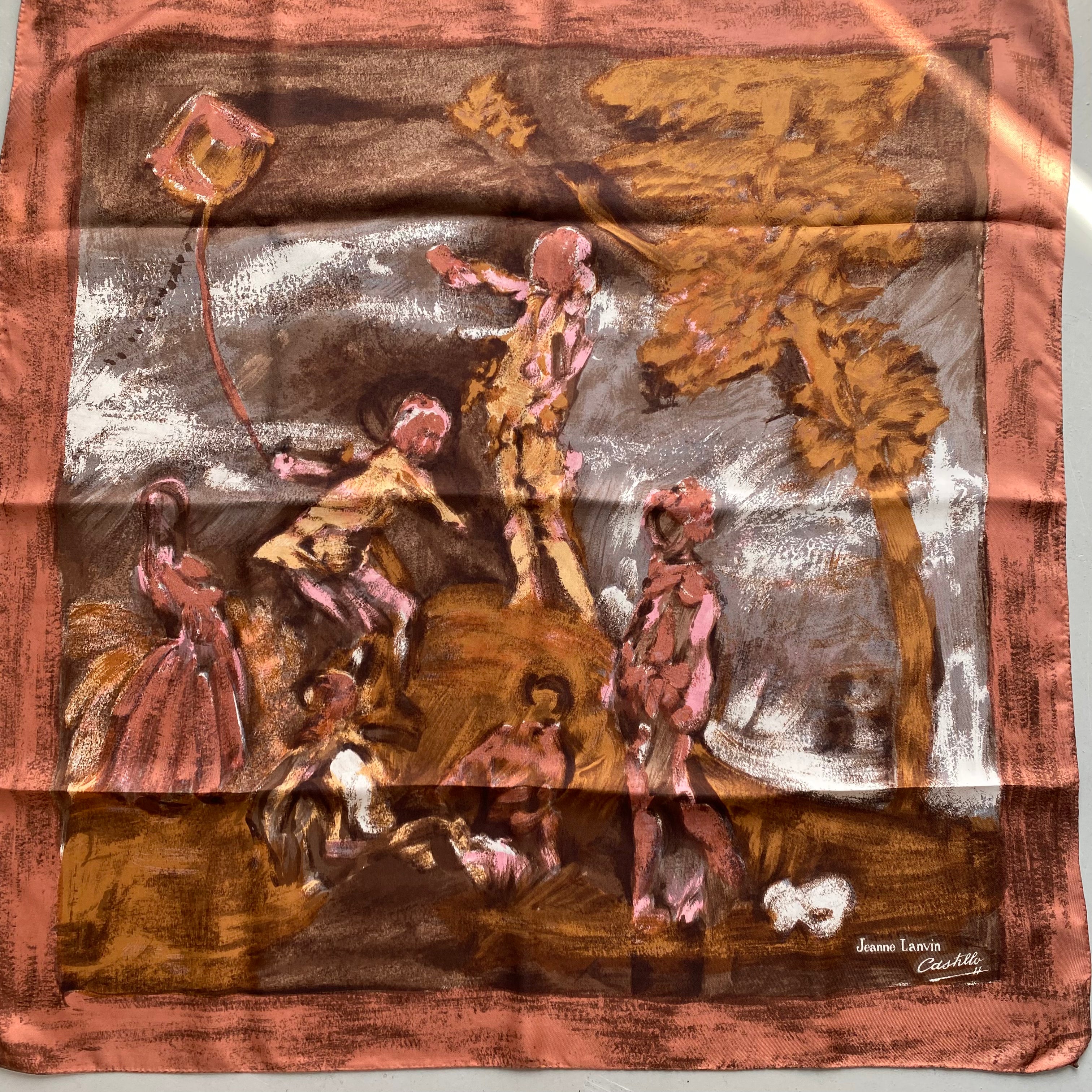 1960’s Jeanne Lanvin Kite Flying Brown Toned Vintage Silk Scarf