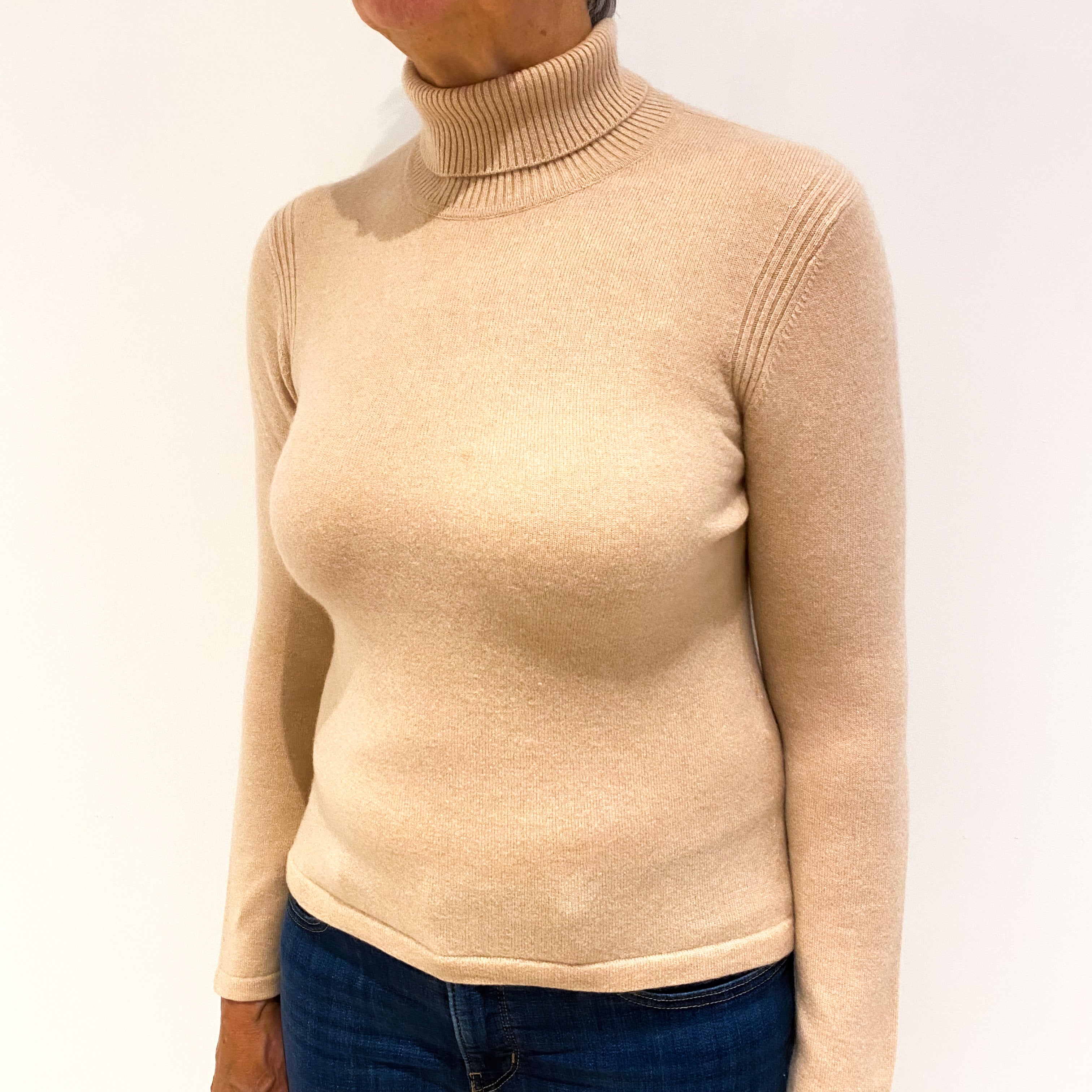 Sand Beige Cashmere Polo Neck Jumper Medium