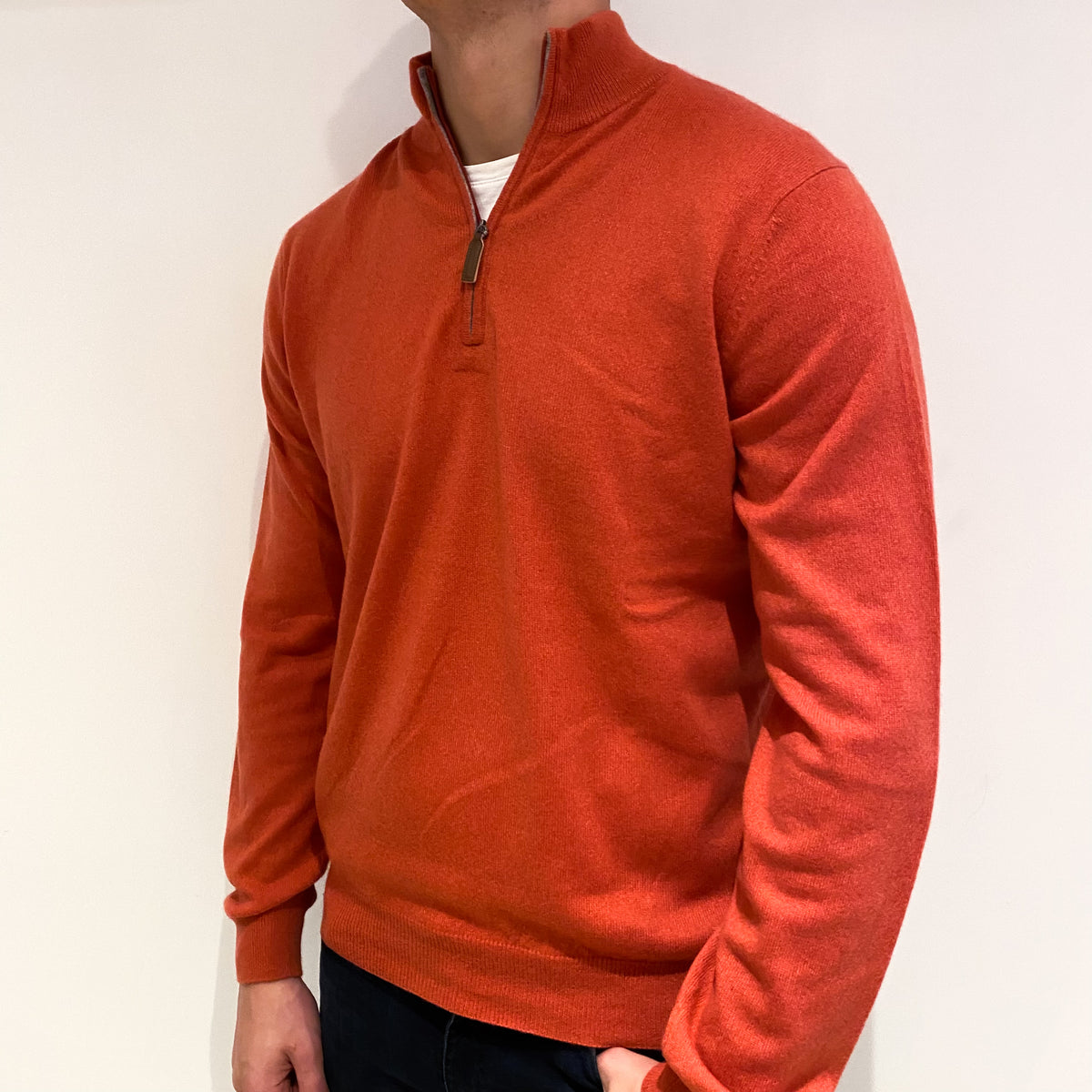 Men's Cranberry Red Cashmere 1/4 Zip Jumper Extra Large