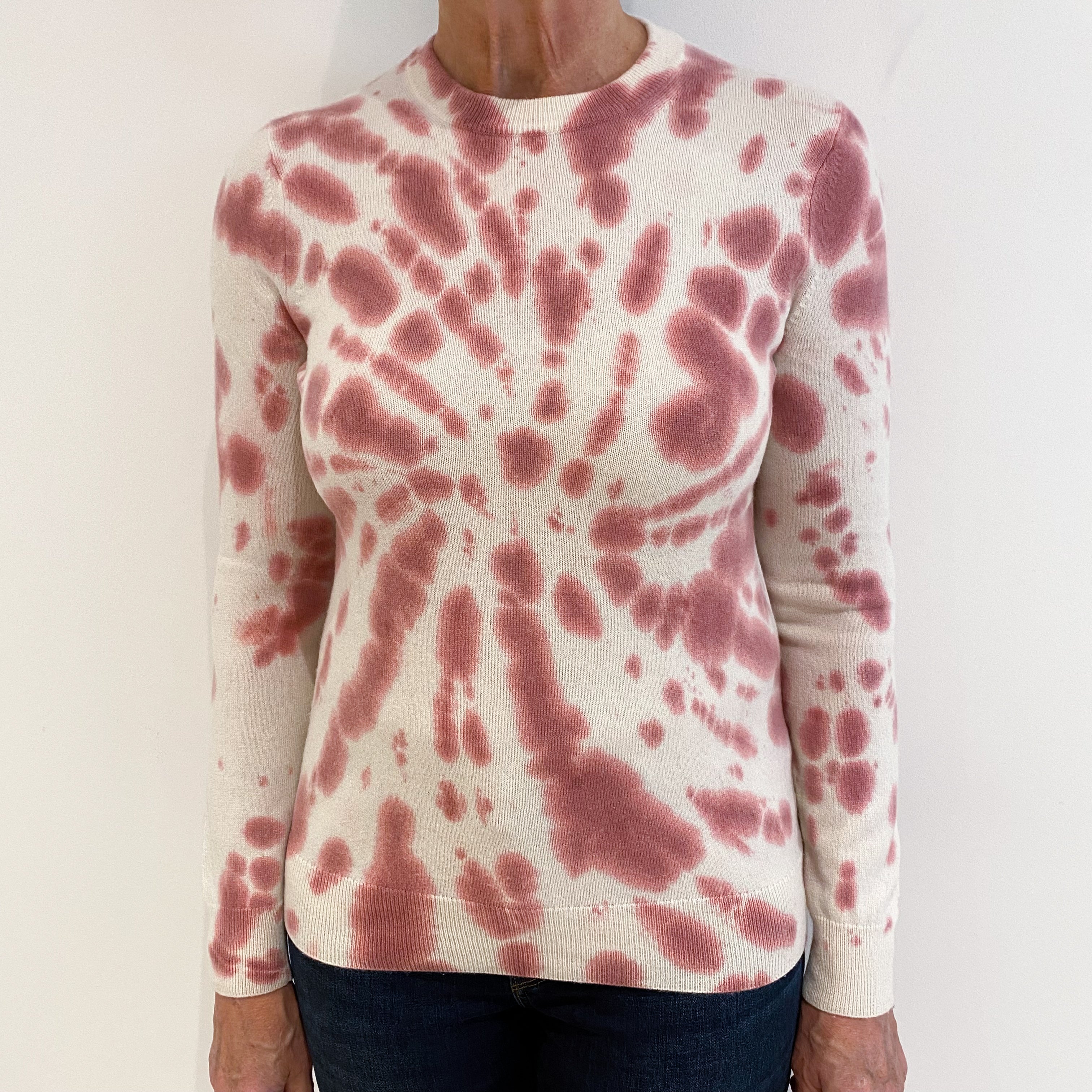 Ivory and Raspberry Pink Tie Dye Cashmere Crew Neck Jumper Medium