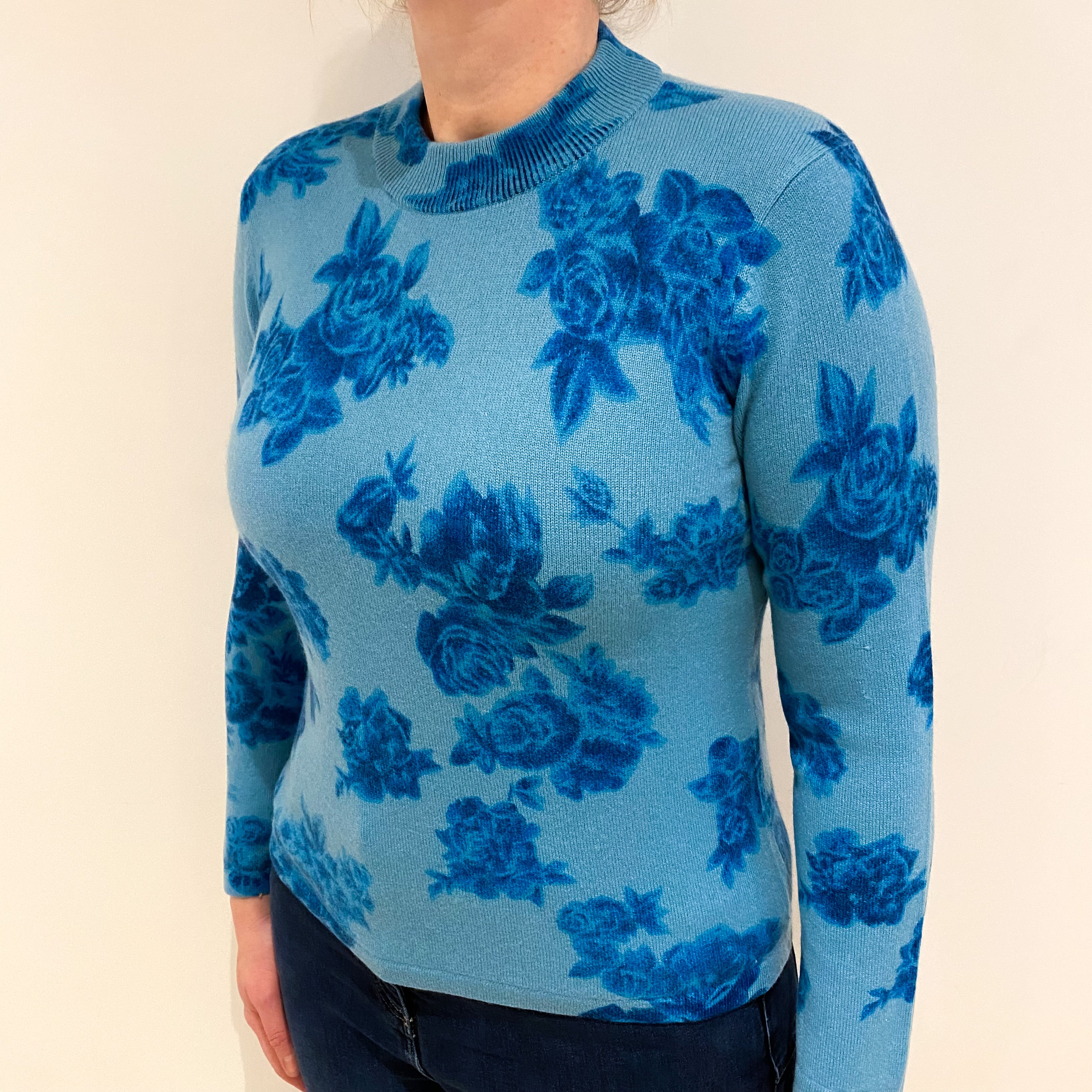 Aqua Blue Floral Cashmere Turtle Neck Jumper Large