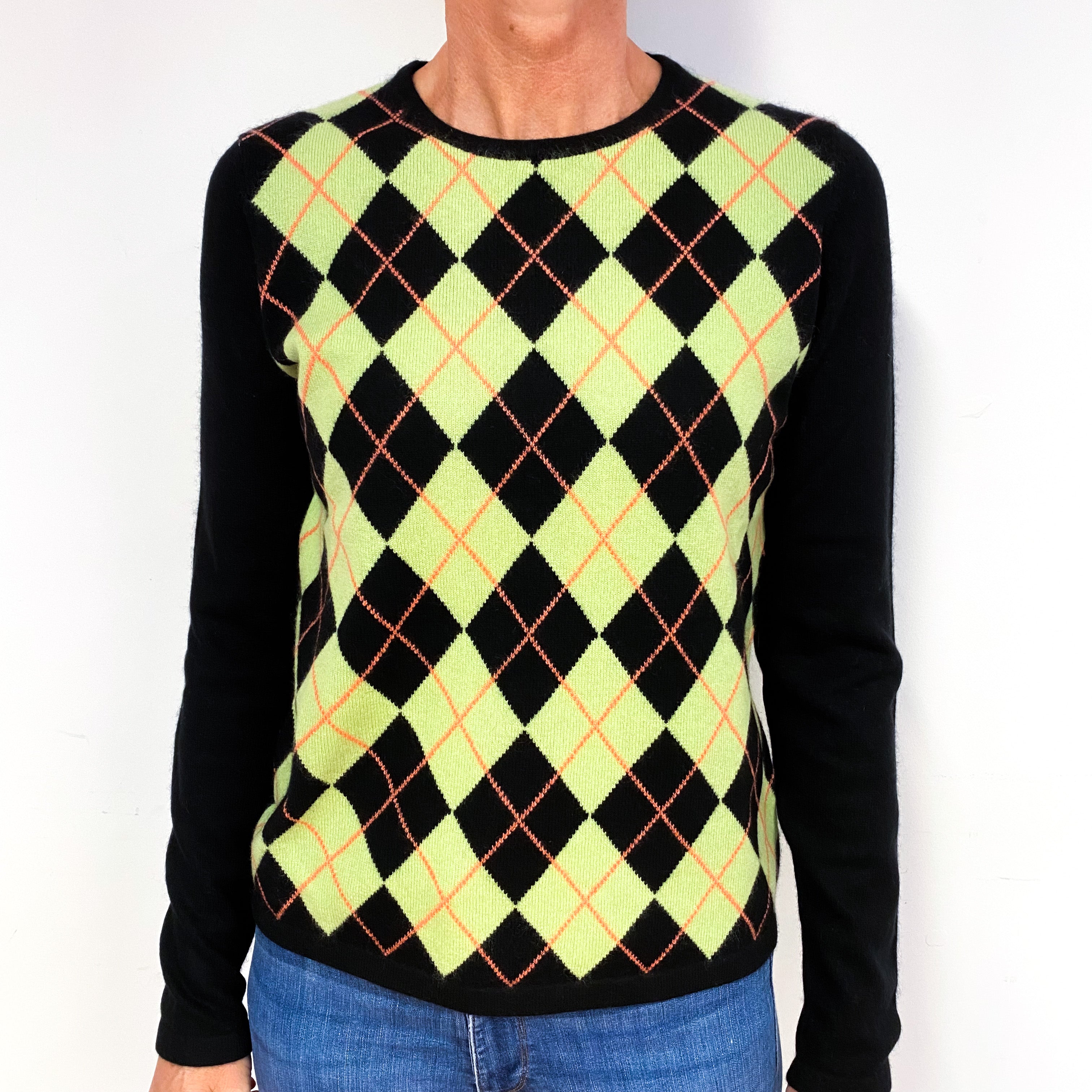 Black Green Argyle Cashmere Crew Neck Jumper Medium