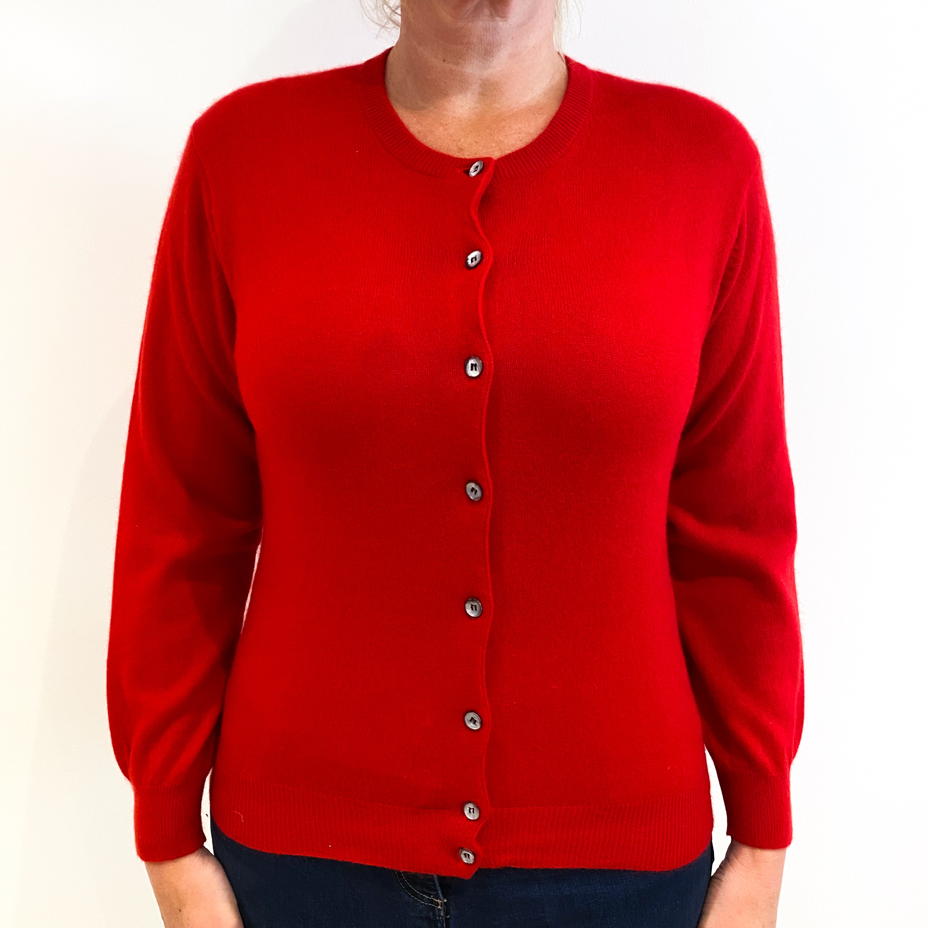 Post Box Red Cashmere Crew Neck Cardigan Large