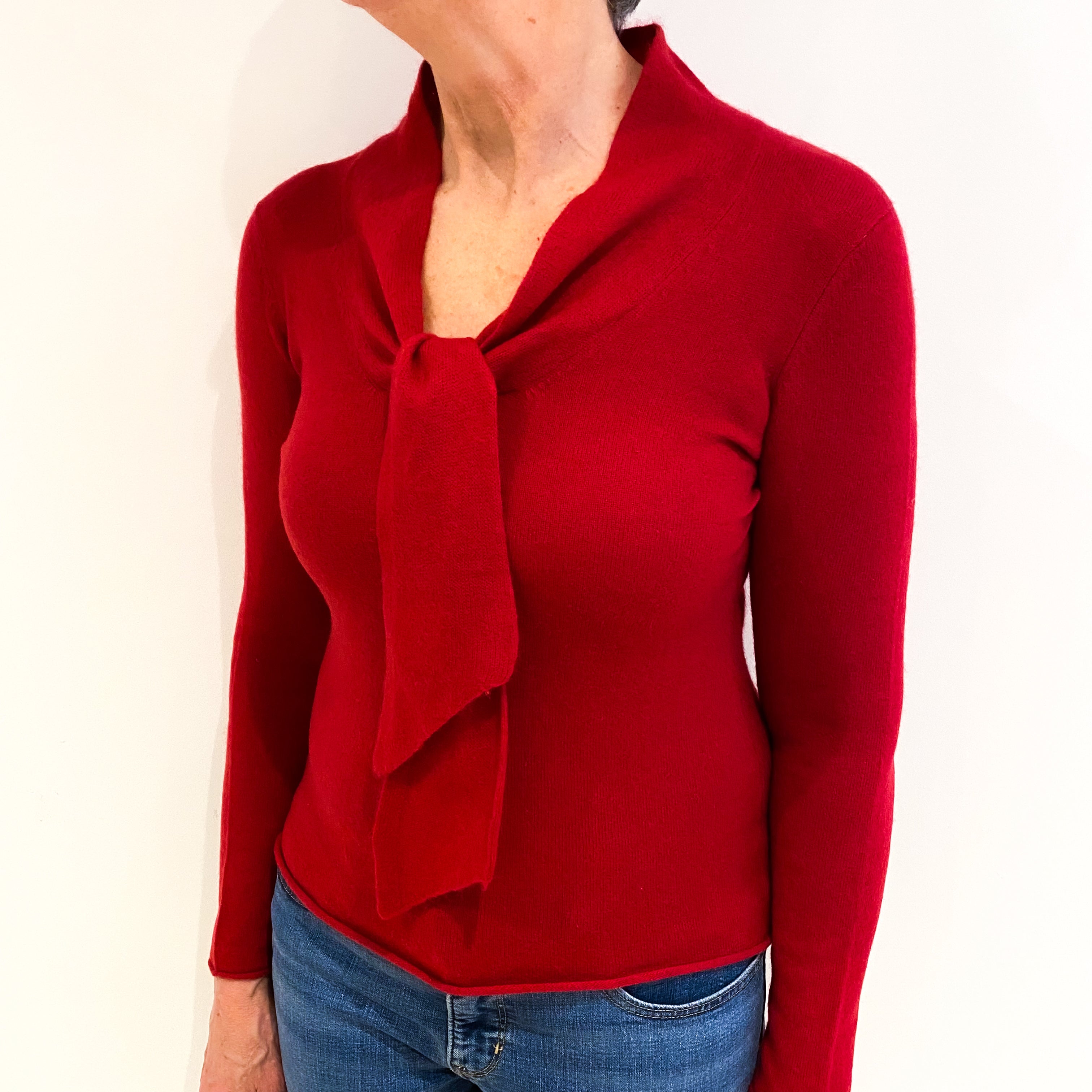 Post Box Red Cashmere  V Neck Tie Jumper Medium