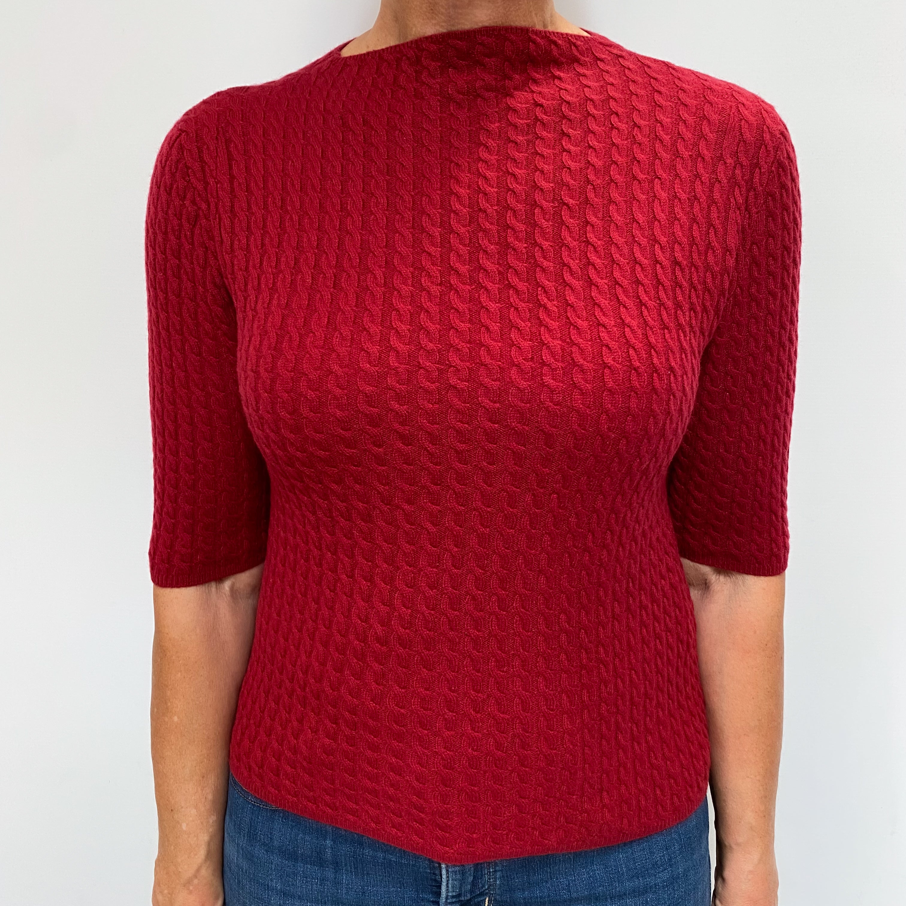 Crimson Red Cashmere Slash Neck Cable Knit Jumper Medium