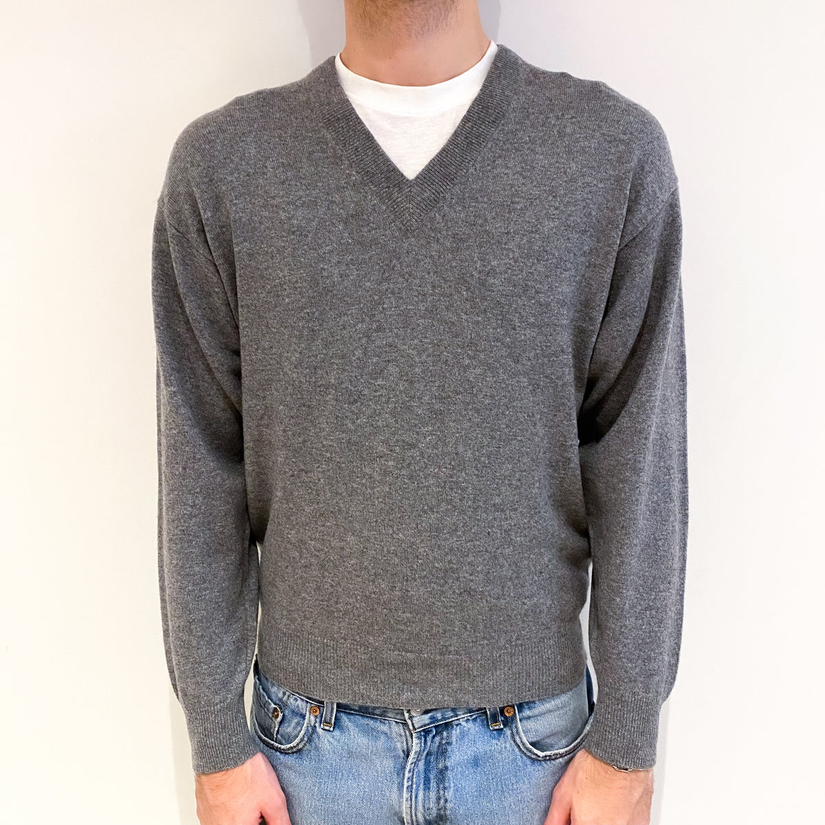 Men's Smoke Grey Cashmere V Neck Jumper Medium