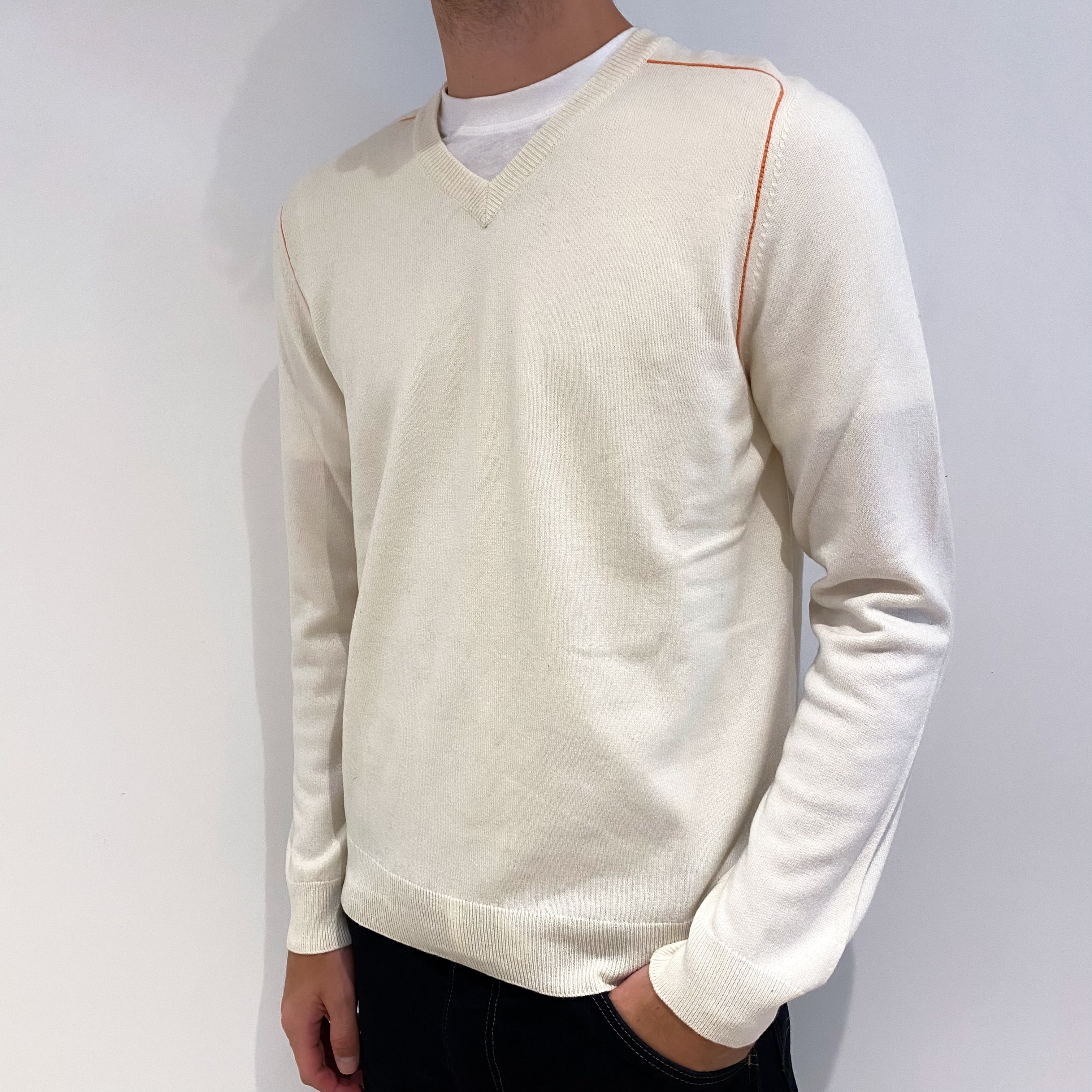 Men's Ivory Orange Trim Cashmere V-Neck Jumper Medium