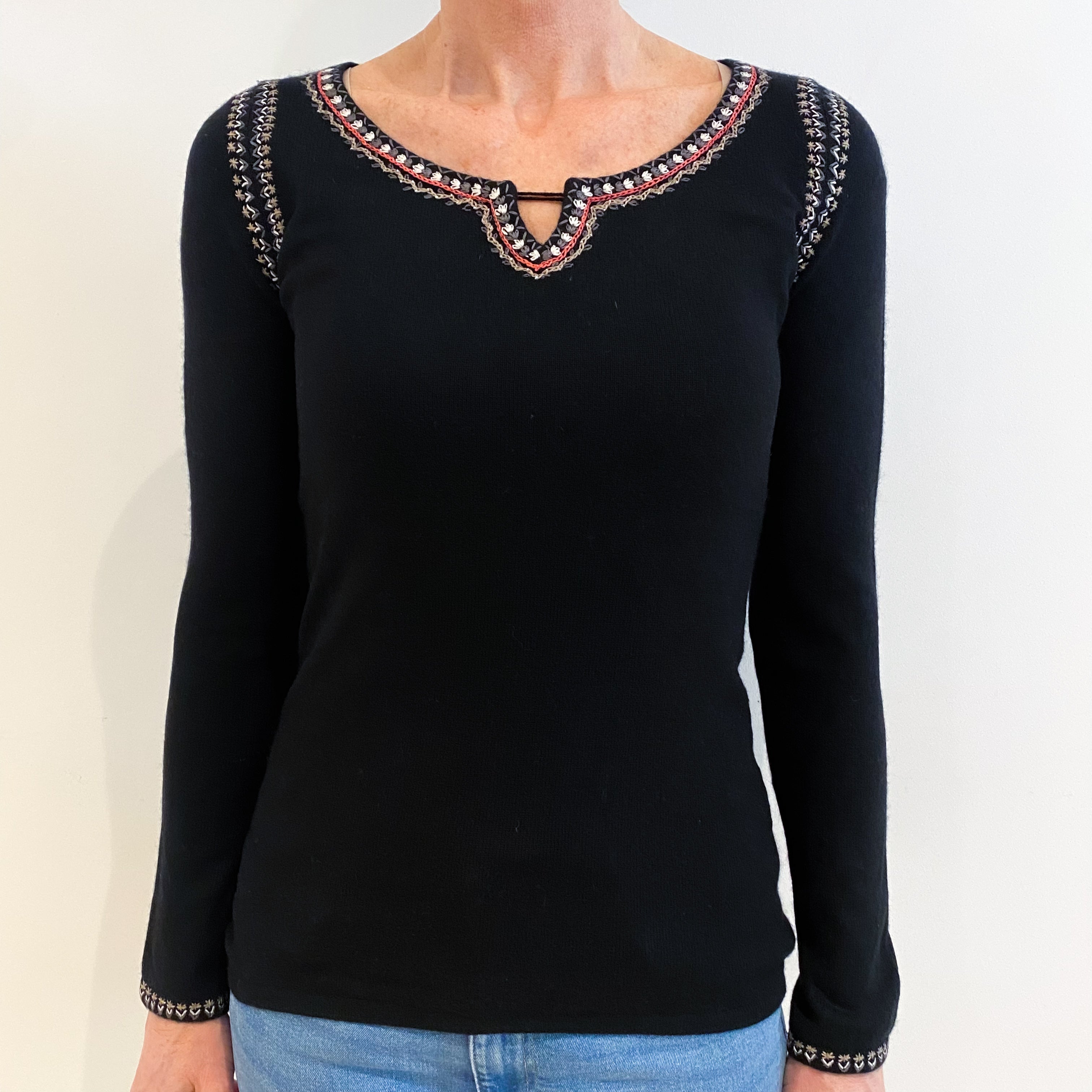 Black Cashmere Embroidered Notch Neck Jumper Small