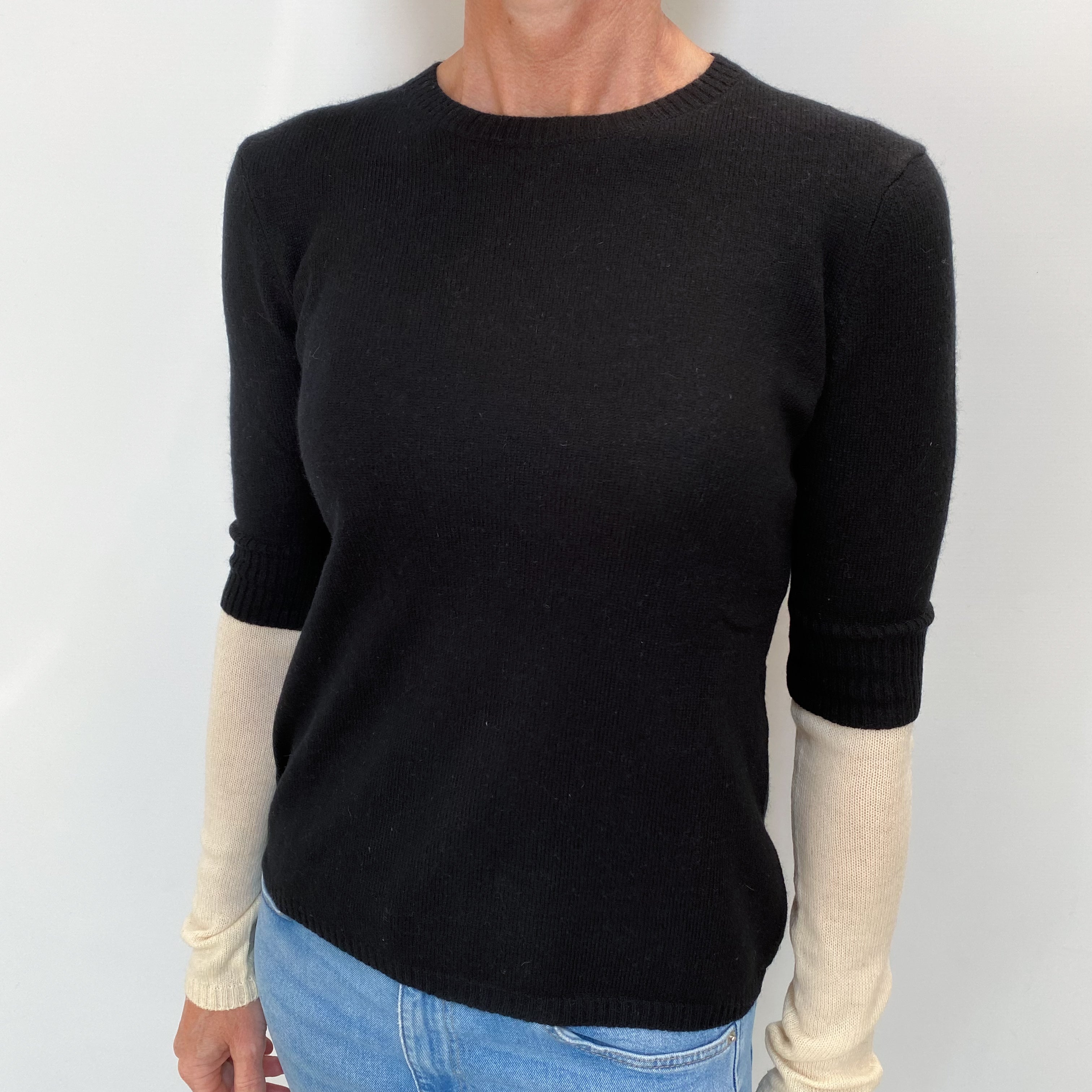 Black and Cream Cashmere Crew Neck Jumper Small