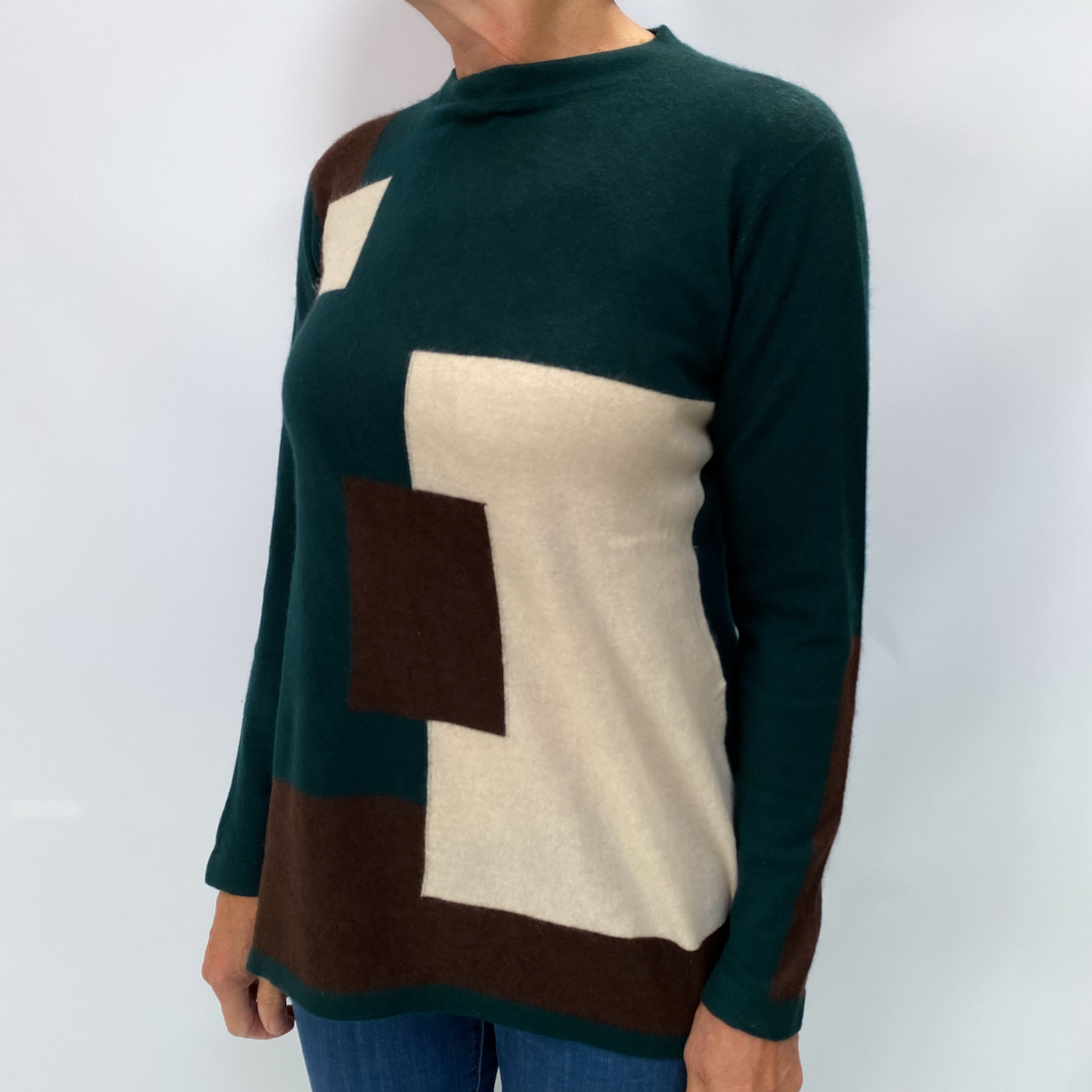 Green Brown Colour Block Cashmere Crew Neck Jumper Medium