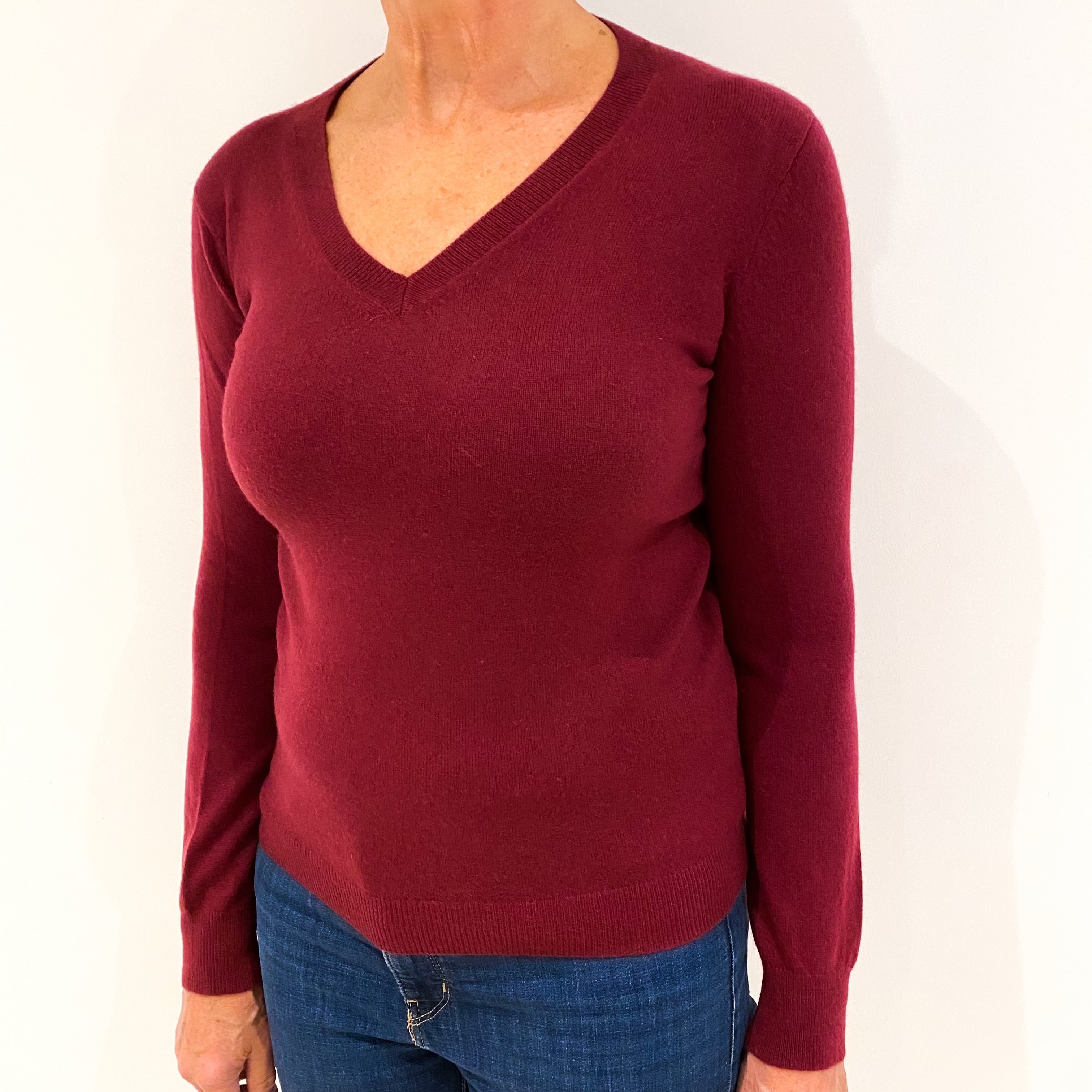 Wine Red Cashmere V-Neck Jumper Medium